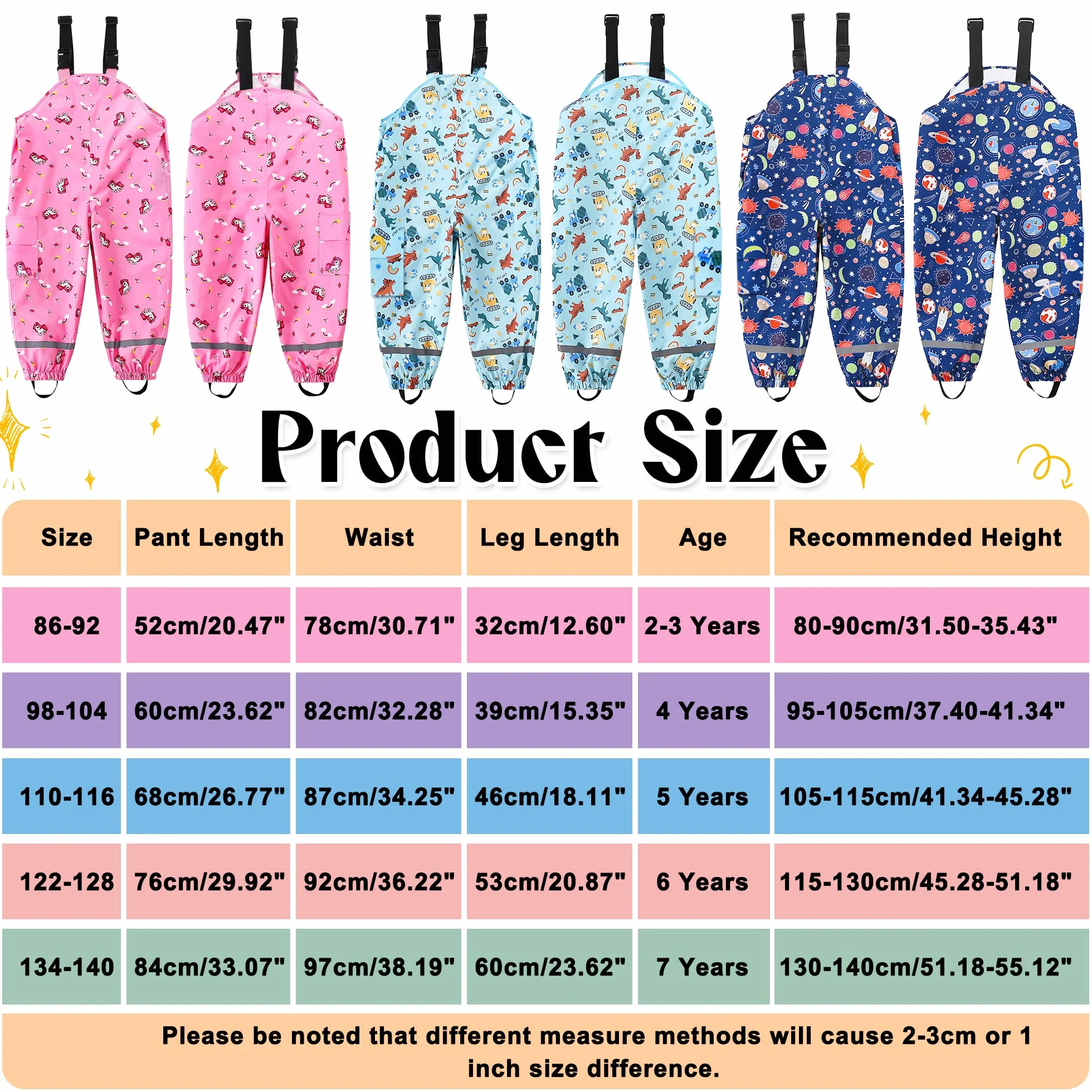Pantaloni Impermeabili Bambino Bambina Pantaloni Pioggia Leggero Traspirante Salopette Antipioggia Antivento Pantaloni Fango Riflettente per Ragazzi Ragazze 2-7 Anni, 86-140
