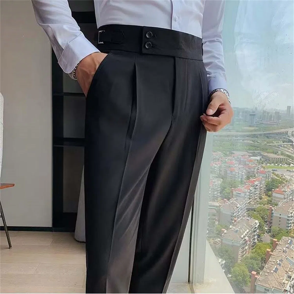 2026 Costume da uomo Slim Fit Small Foot Vita Alta Tinta unita Pantaloni da lavoro con gamba dritta