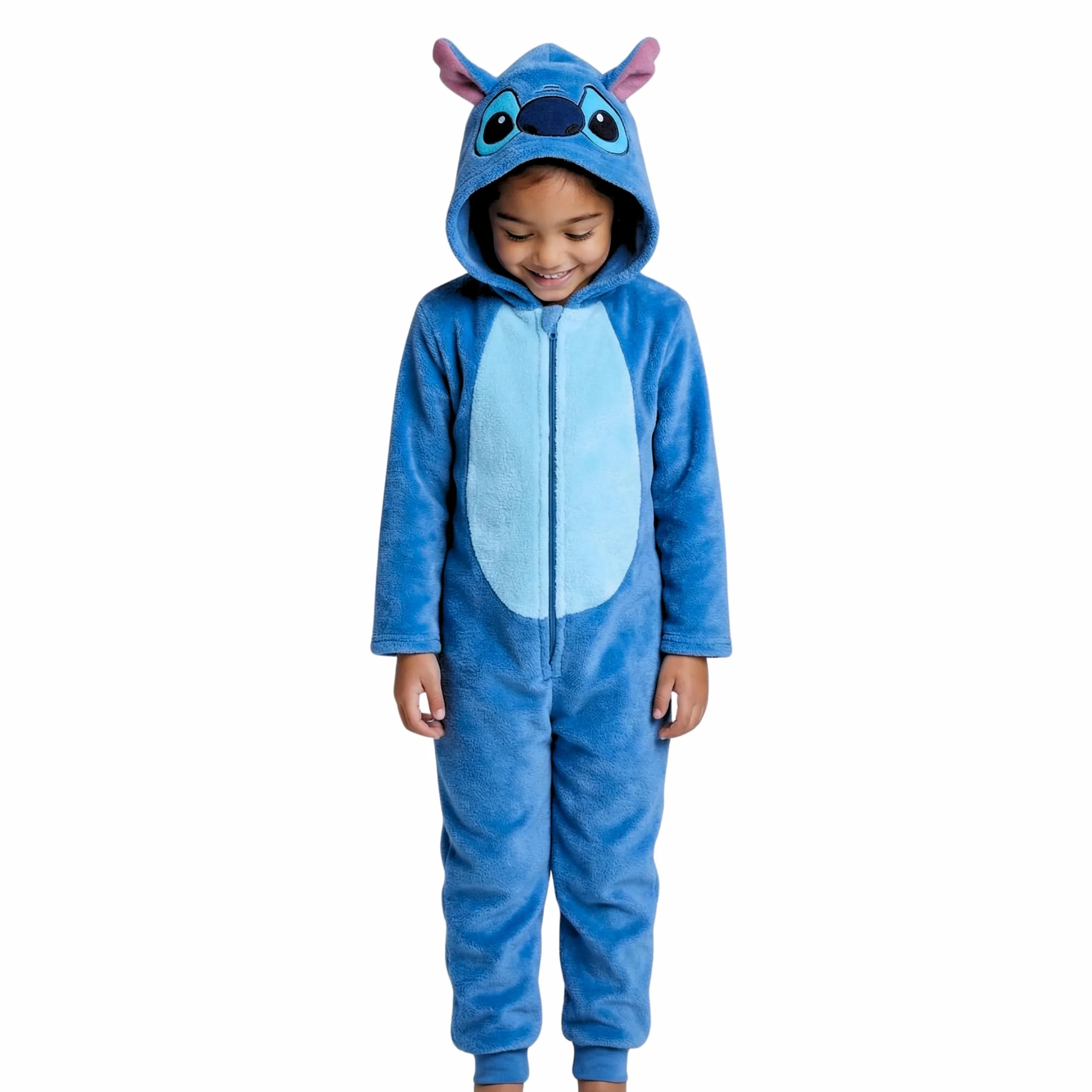 Disney Stitch Pigiama per Ragazze, Pigiama Intero in Morbido Pile con Cappuccio 3D per Bambina, Taglie 3 a 8 Anni