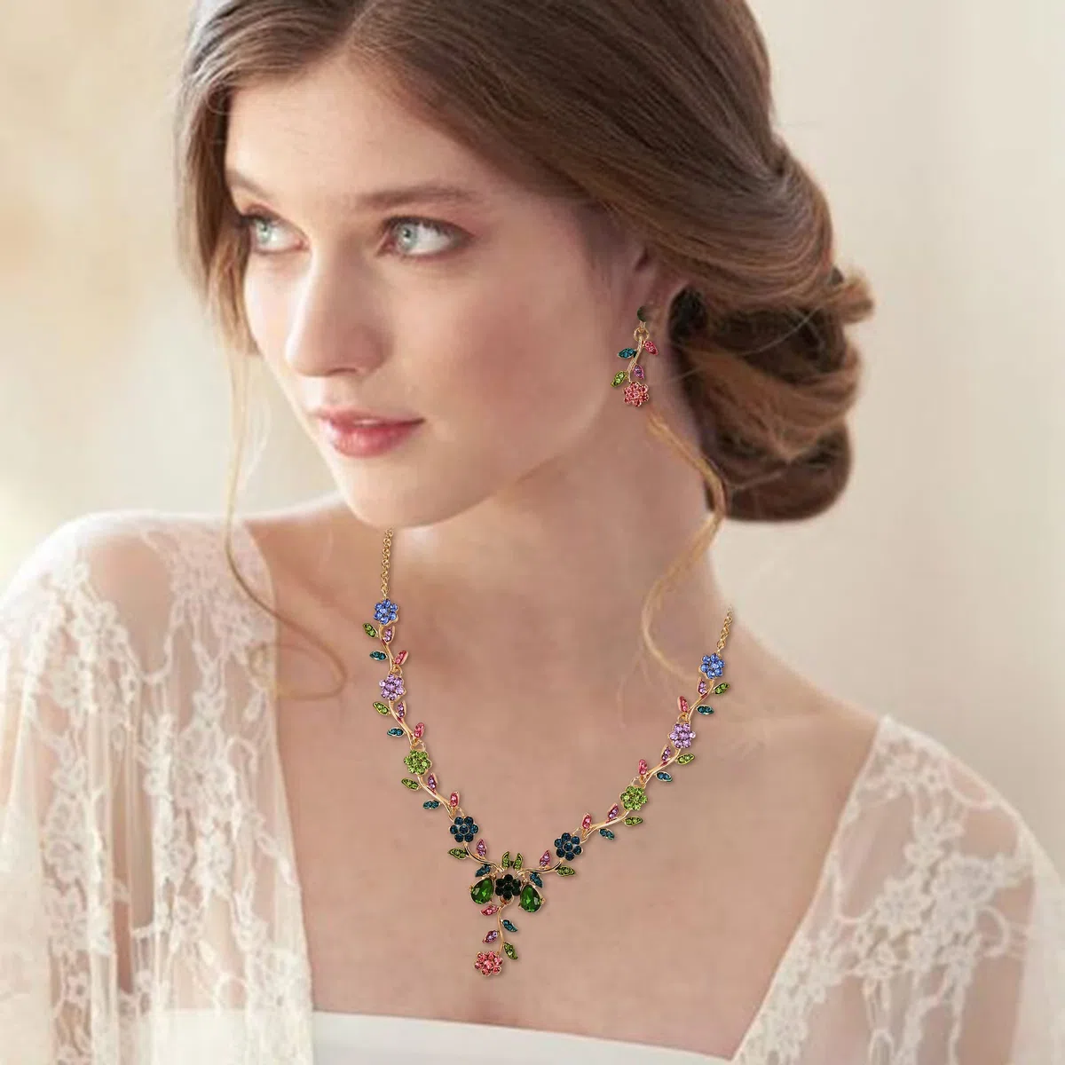Donna Parure gioielli-Collana Orecchini Boemia Boho CZ Crema Perle sintetiche Filigrana Fiore Y-Forma Collana Ciondolare Orecchini Set
