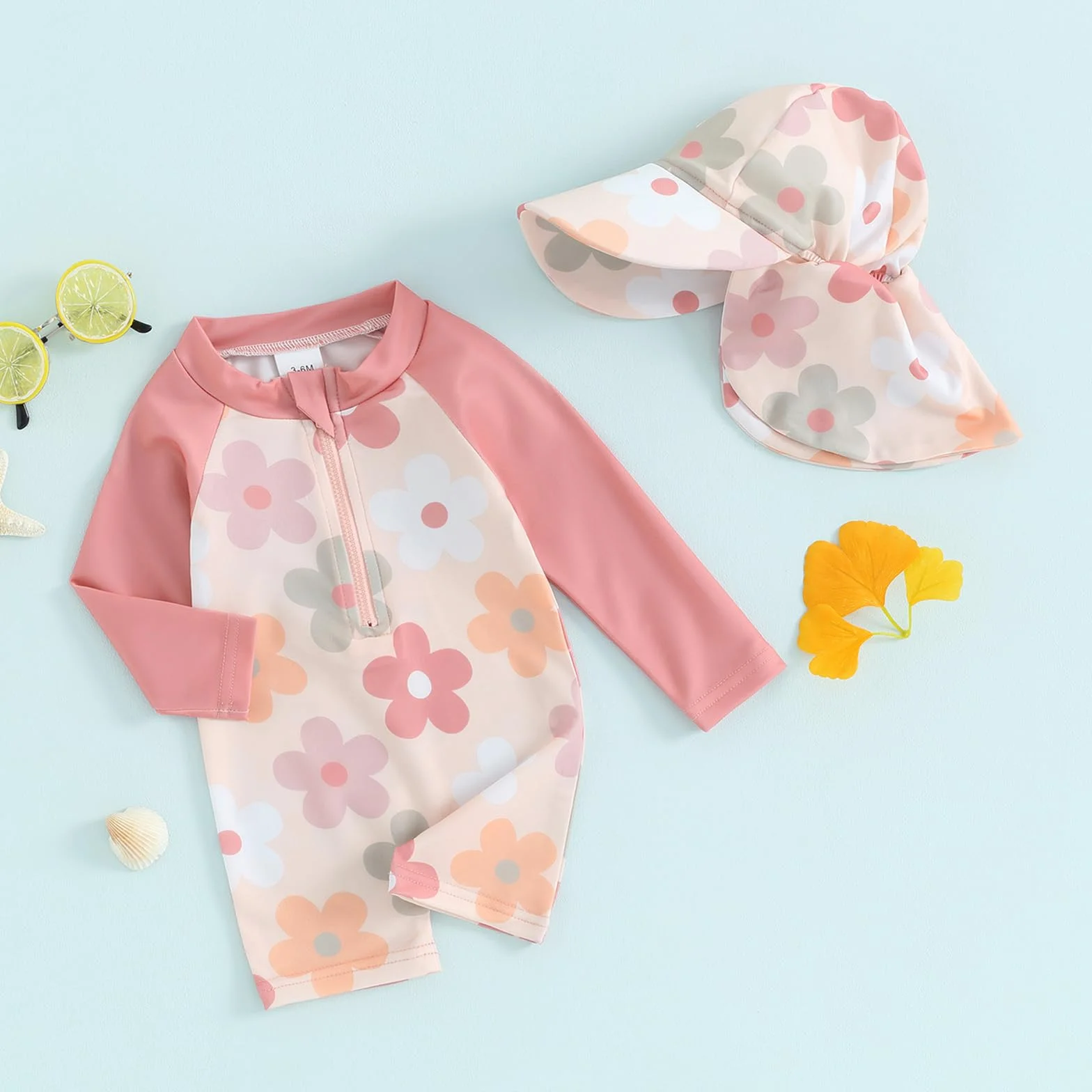 Carolilly Costume da bagno a maniche lunghe per bambini, con cerniera, anti-UV, con cappello (fiori rosa, 3-6 mesi)