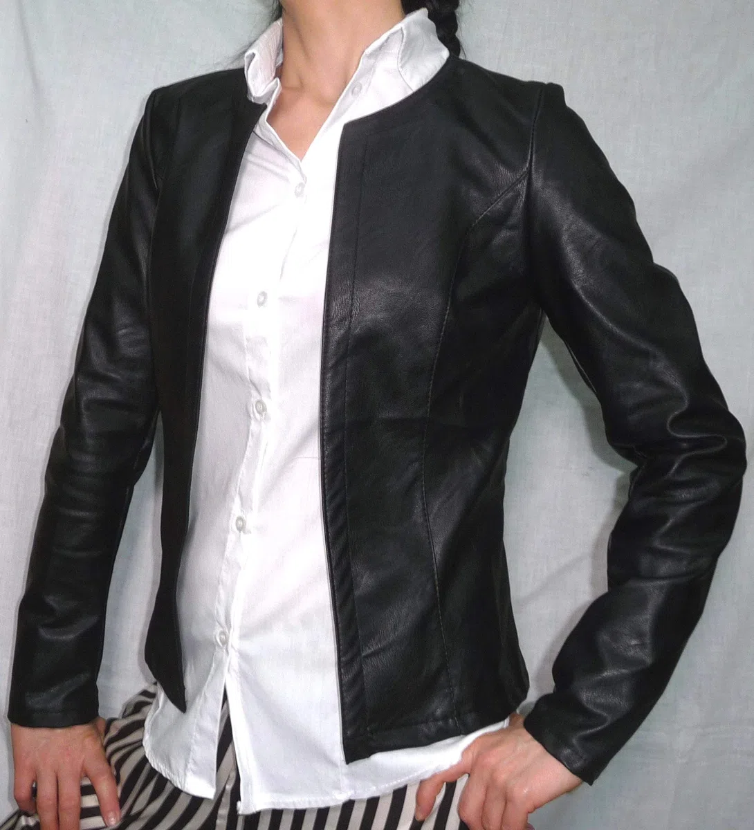 Giacca Finta Pelle Aperta Scollo Tondo Aderente Avvitata Leggera Cardigan Coprispalle Donna Ragazza