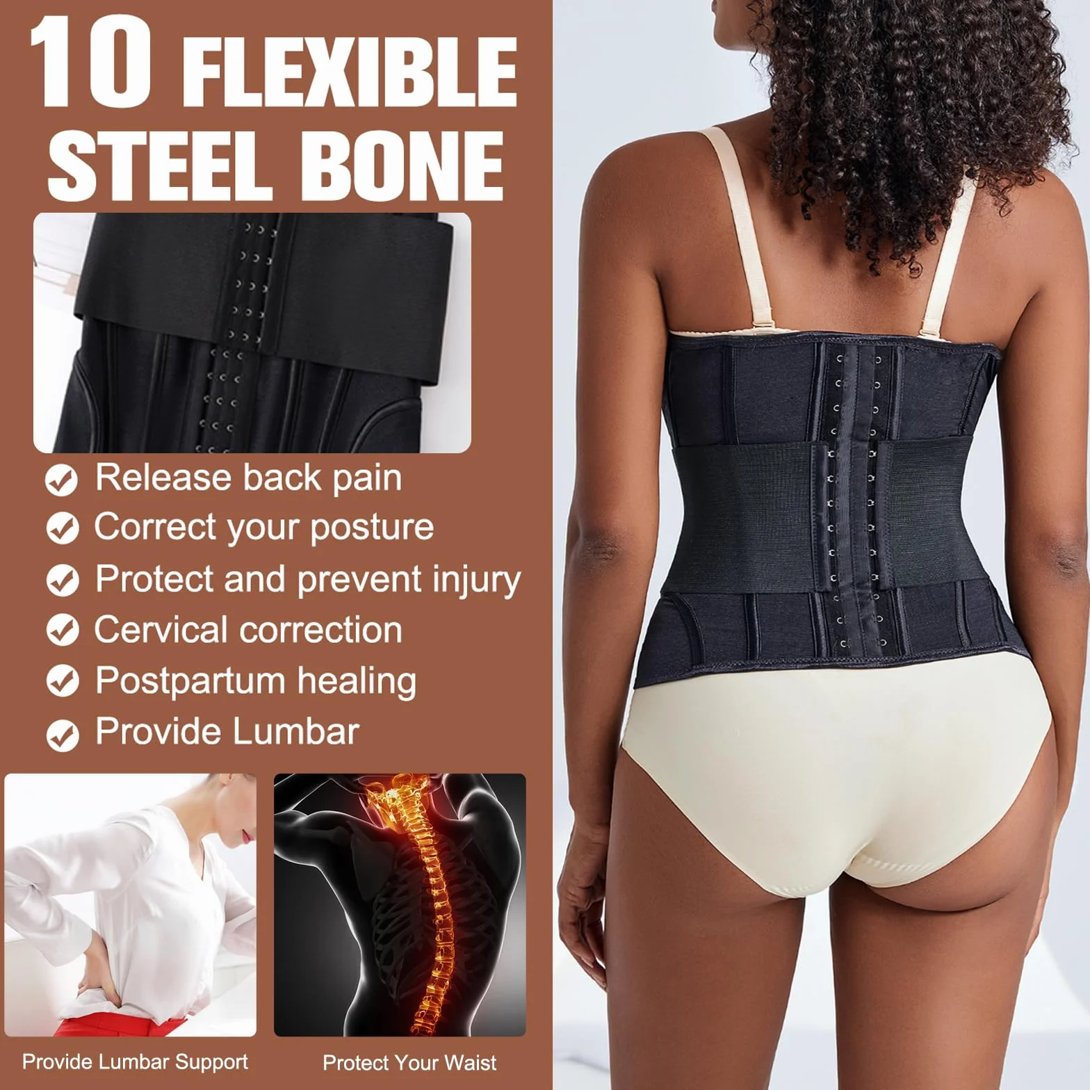 Corsetto Donna Modellante con Doppia Chiusura, Waist Trainer Traspirante con 10 Stecche di Supporto, Fascia Snellente Post Parto per Allenamento, Ufficio e Uso Quotidiano