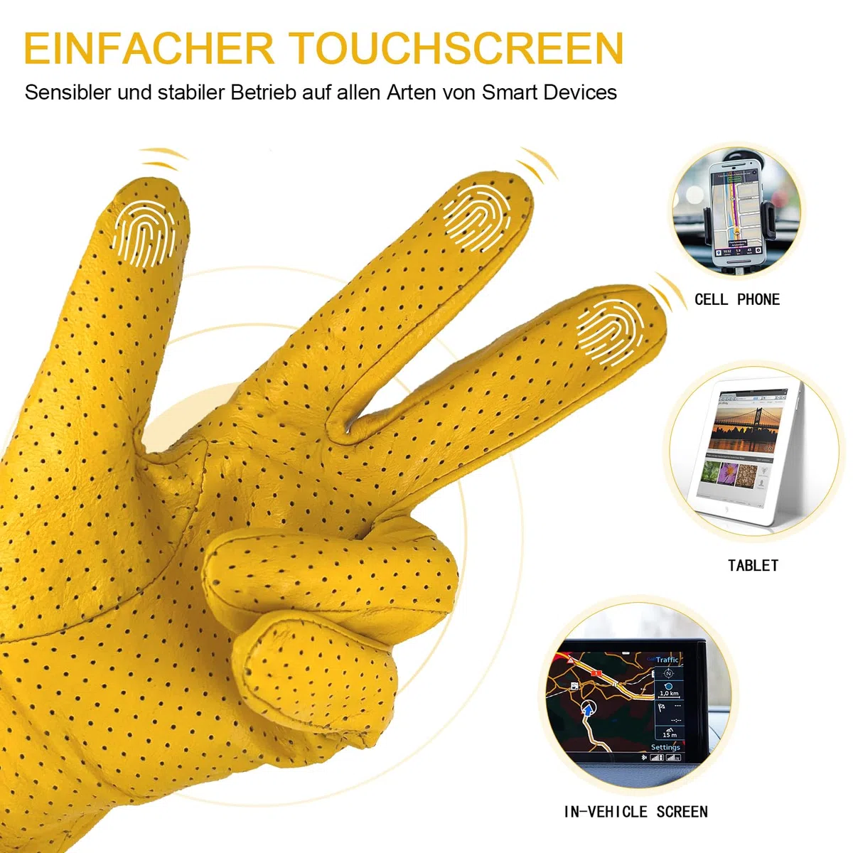 Guanti da guida in pelle di pecora 100% morbida da uomo con mesh e touch screen