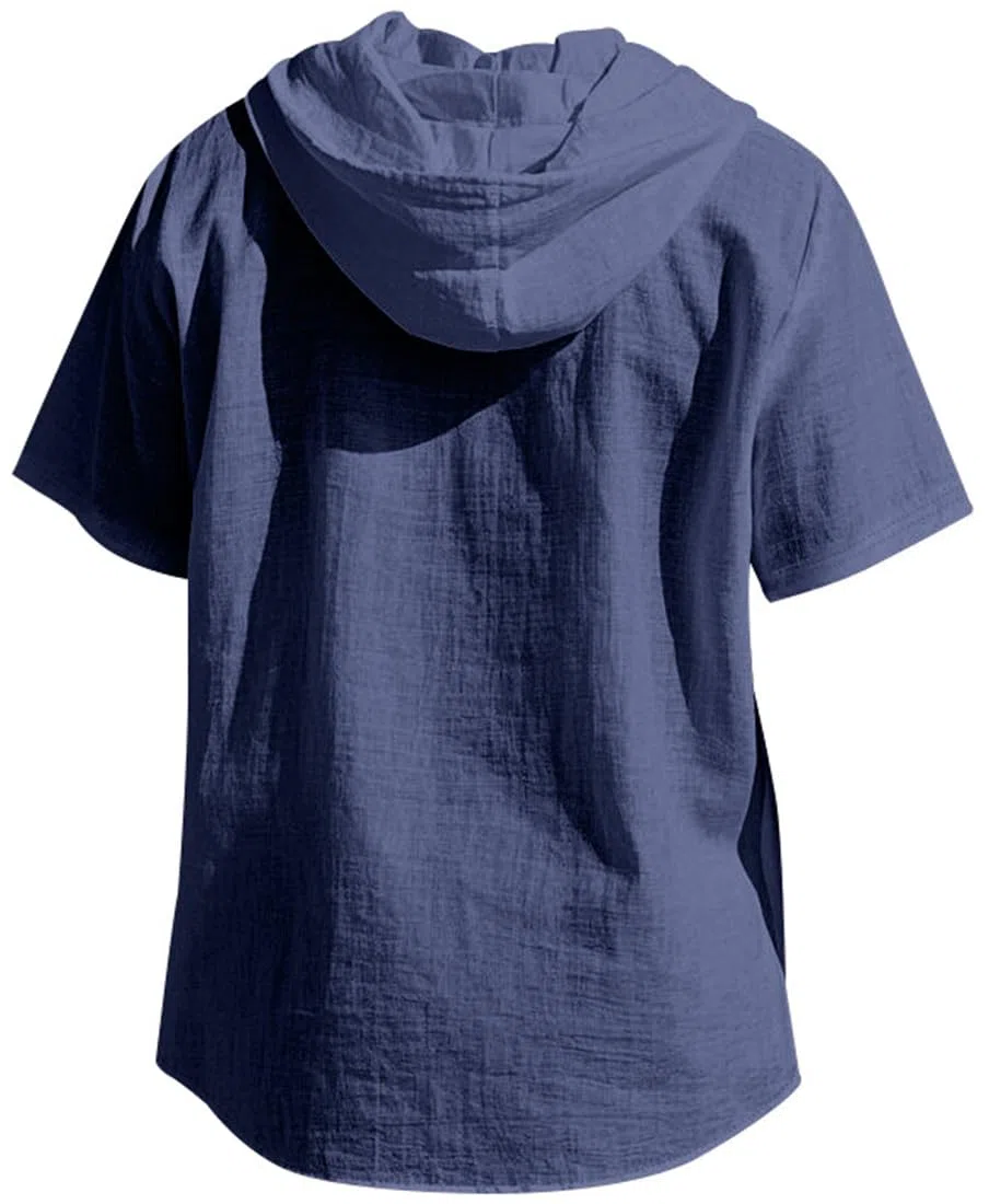 T-Shirt da Uomo in Lino a Maniche Corte con Cappuccio e Bottoni, Camicia in Lino, Cardigan con Cappuccio