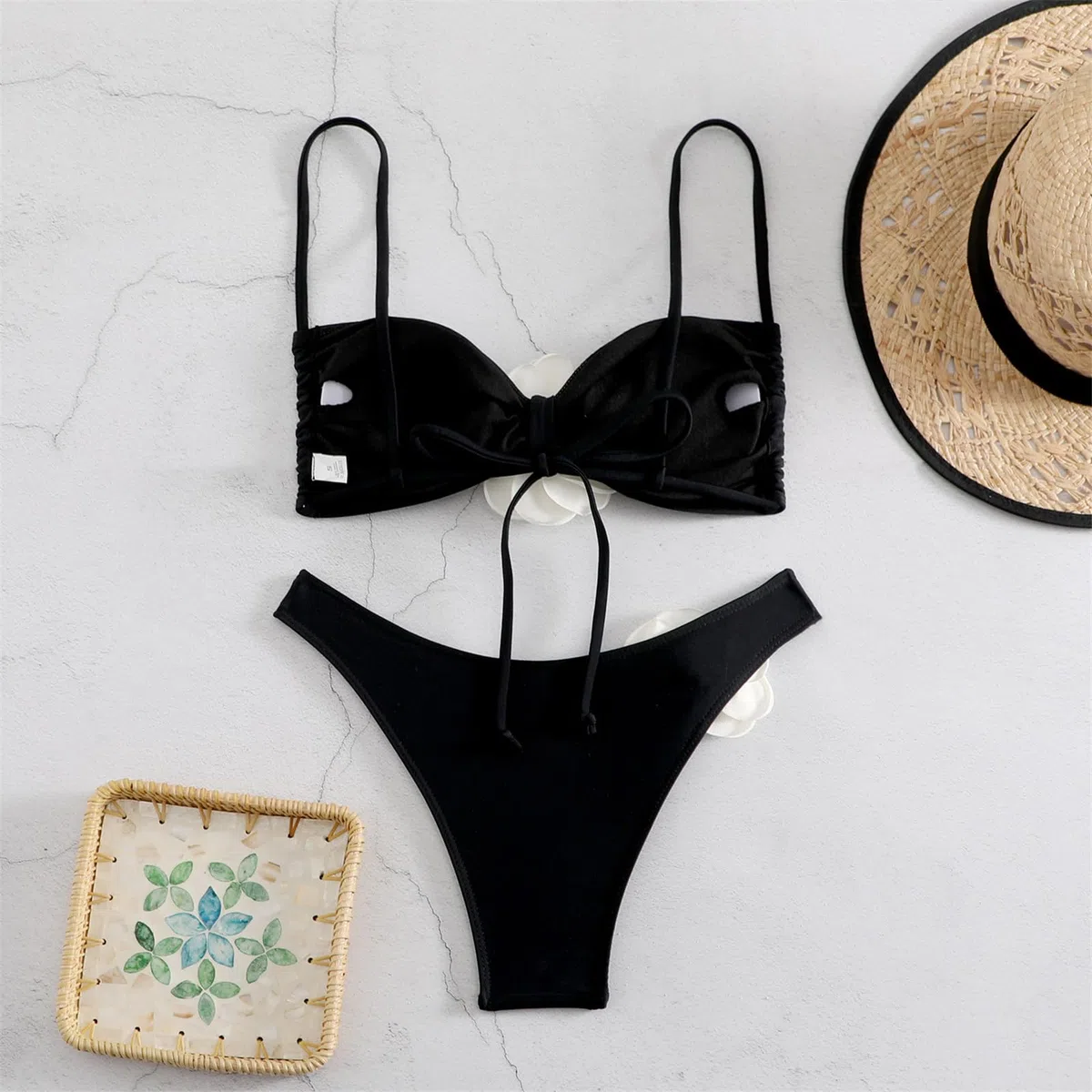 Costumi da bagno da donna a due pezzi con fiori 3D, taglio alto, push-up, costumi da bagno con spacco, per costumi da bagno da spiaggia