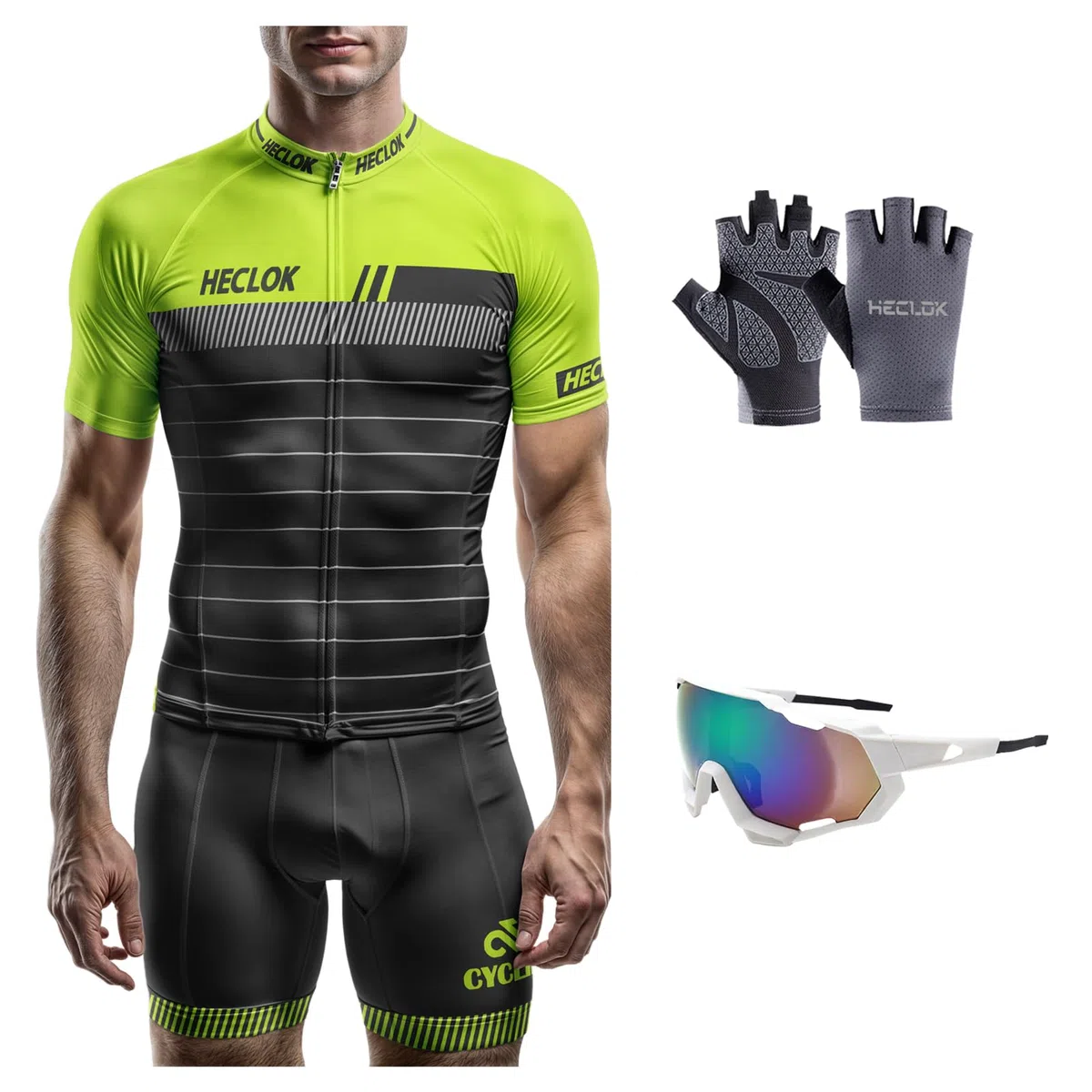 Completo Ciclismo Uomo - Maglia Manica Corta + Pantaloncini con Fondello - Abbigliamento Bici Strada e MTB - Tessuto Traspirante e Anti-Sudore - 4 Pezzi per Estate