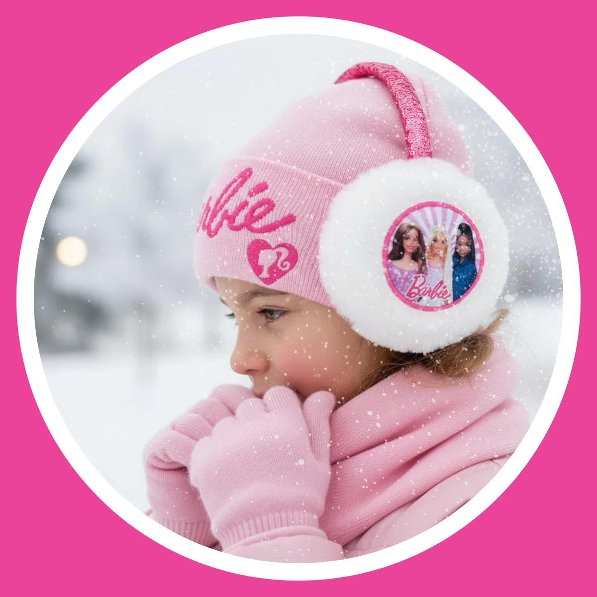 Barbie Cappello, Sciarpa, Guanti e Paraorecchie per Ragazze, Berretto Invernale per Bambina Design Scintillante, Regalo per Bambine