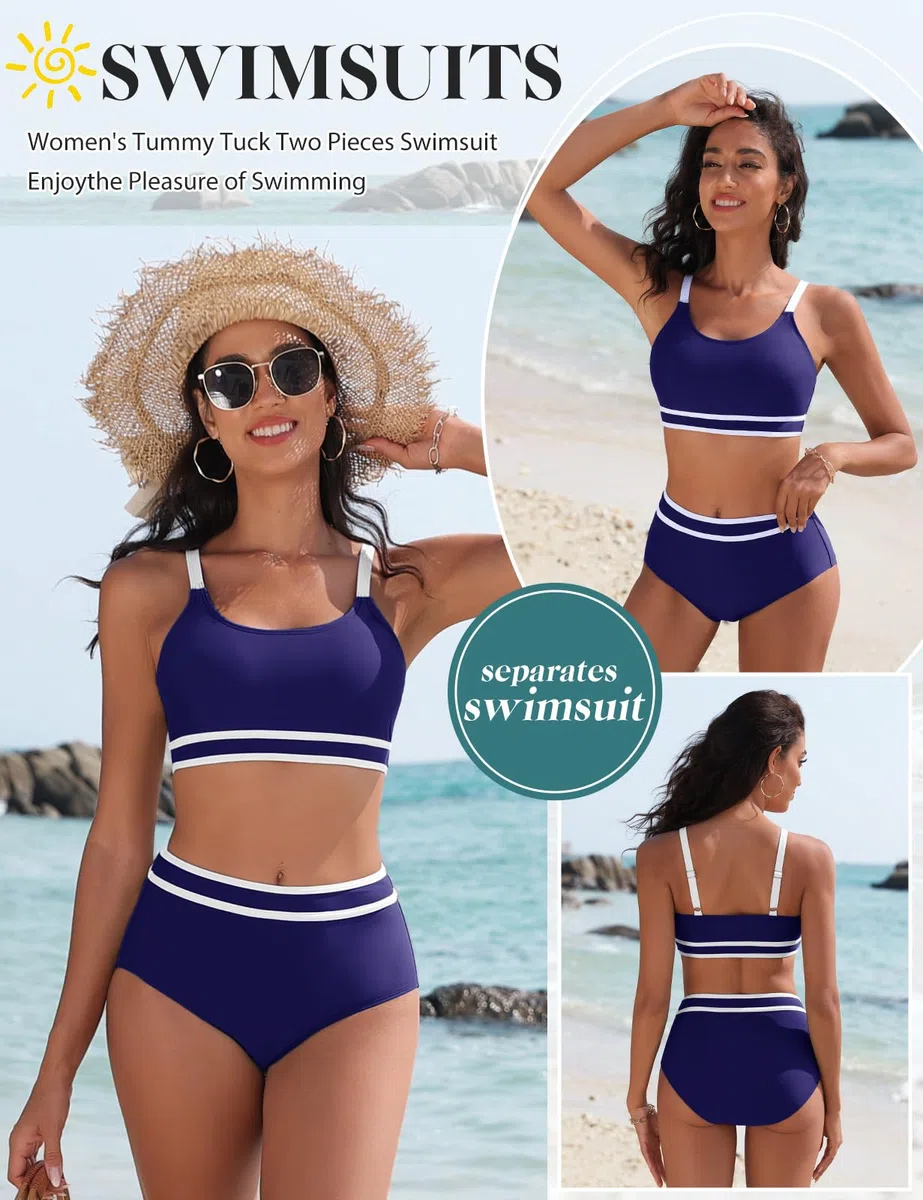 Yuson Girl Costume da Bagno Donna Due Pezzi Push Up Imbottito Reggiseno Bikini Donna Mare Regolabile Costumi da Bagno Scollo a U Patchwork a Righe Bikini Vita Alta Bikini da Spiaggia