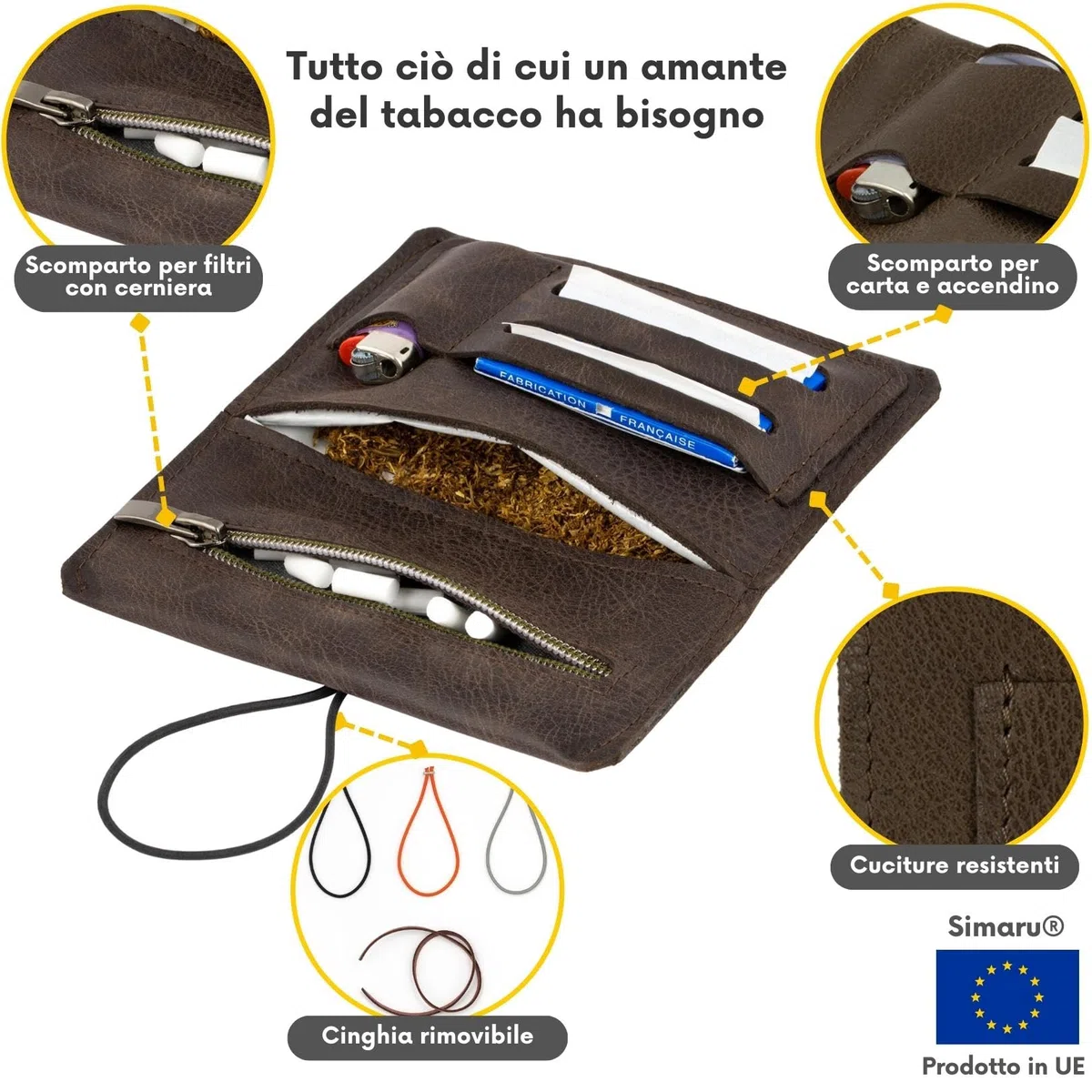 Porta Tabacco Simaru in Vera Pelle - Porta Tabacco Cartine e Filtri con Scomparto Extra per Accendino - Portatabacco Uomo Compatto 15.5x8x1 cm - Chiusura Scambiabile - Vari Colori Disponibili