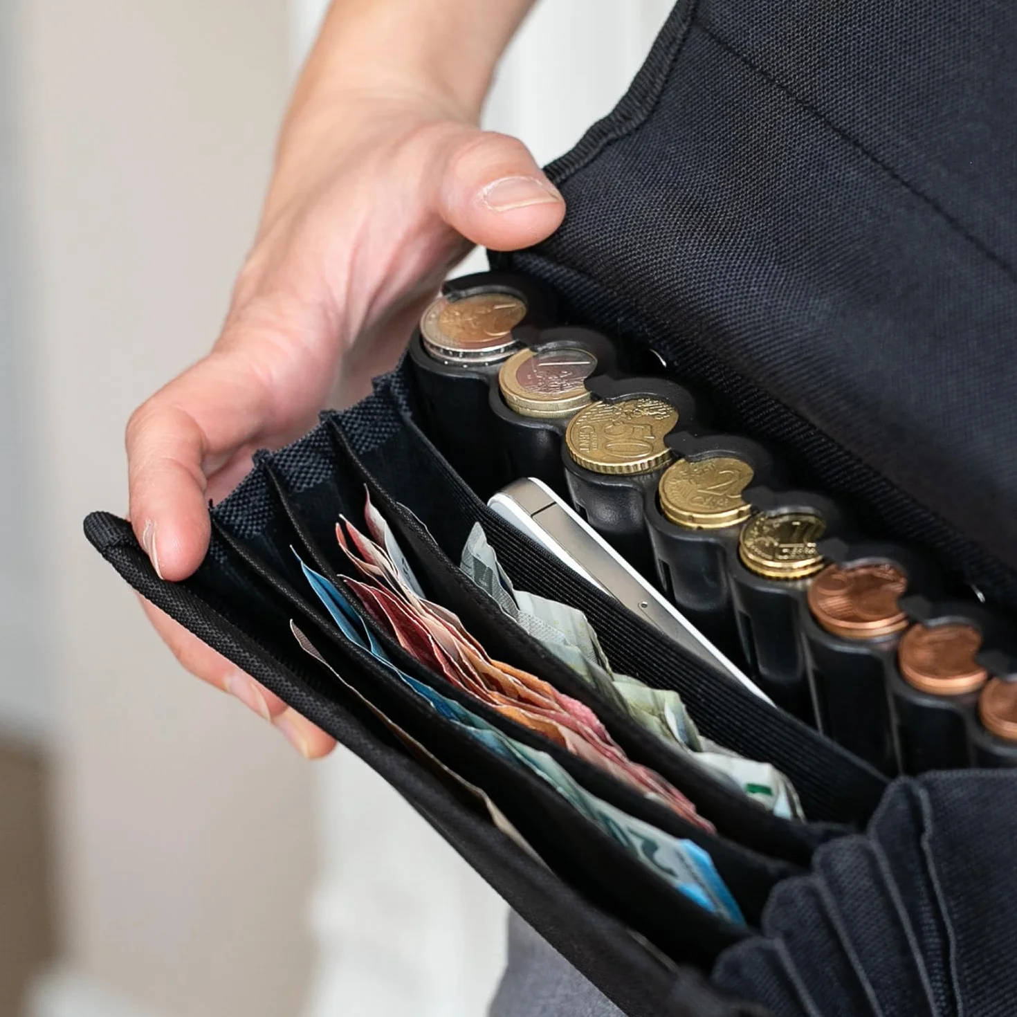 HMF Portafoglio da cameriere con cintura regolabile, borsa da cameriere con cambiamonete in euro | 20,5 x 10 x 6,5 cm | Nero