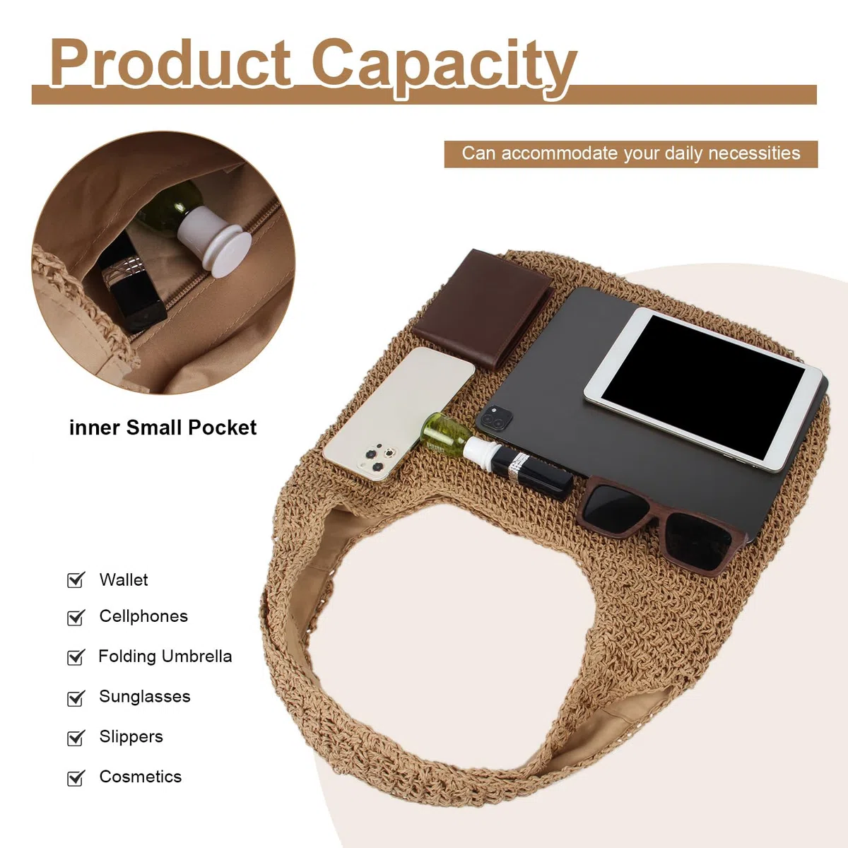 Borsa a tracolla da spiaggia estiva in paglia per donna, borsa intrecciata a mano casual di grande capacità