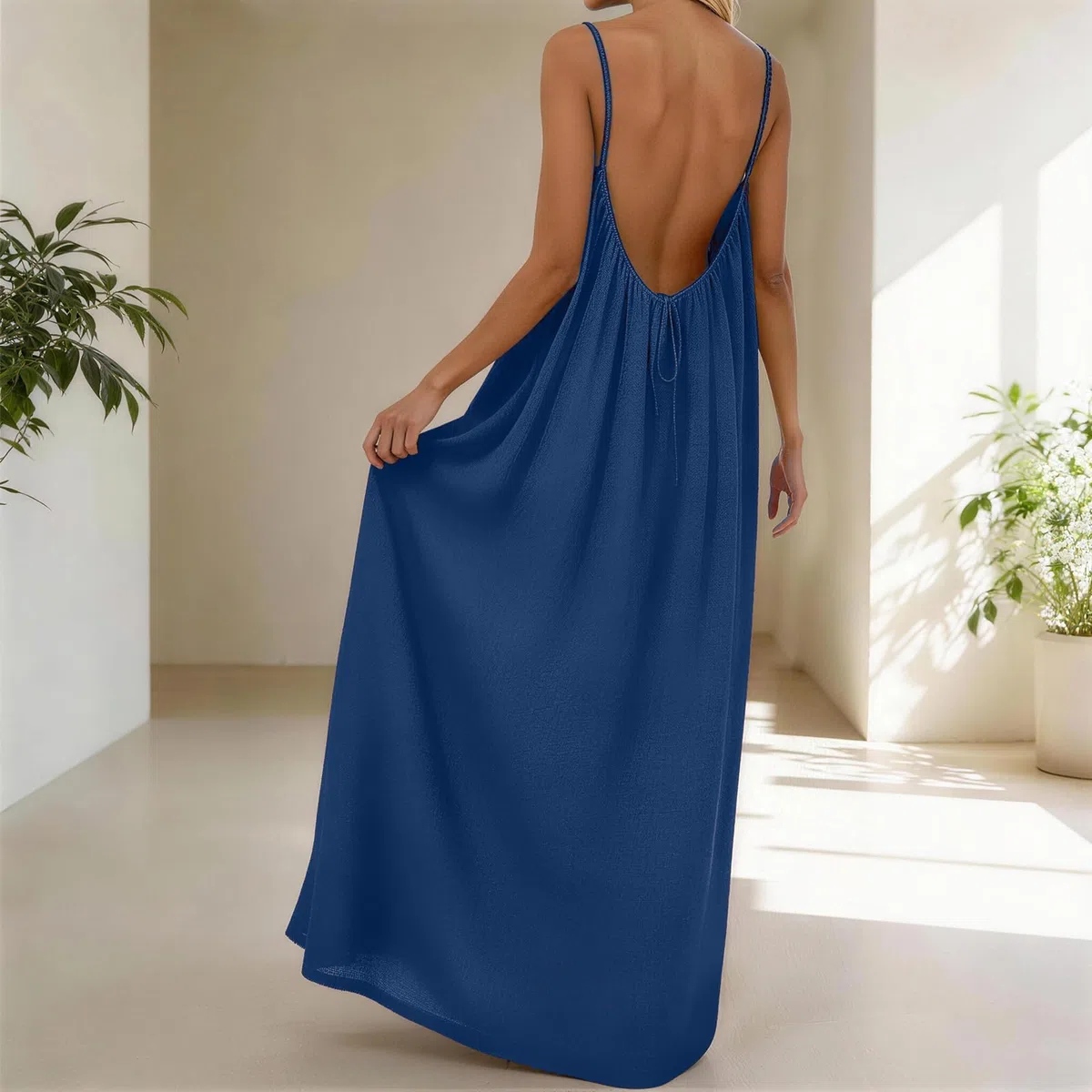 nnOuOnn Abito da donna senza schienale estivo 2026 senza maniche lungo maxi casual prendisole da donna Flowy Open Back Lounge abiti per vacanze spiaggia casa tinta unita