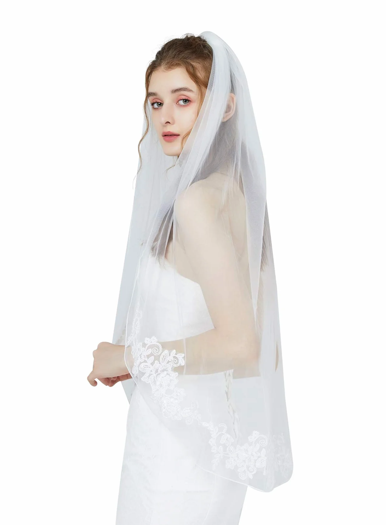BEAUTELICATE Veli da Sposa in Pizzo Tulle a 1 Strati 102 cm di Lunghezza Bianco o Avorio Pettine di Metallo