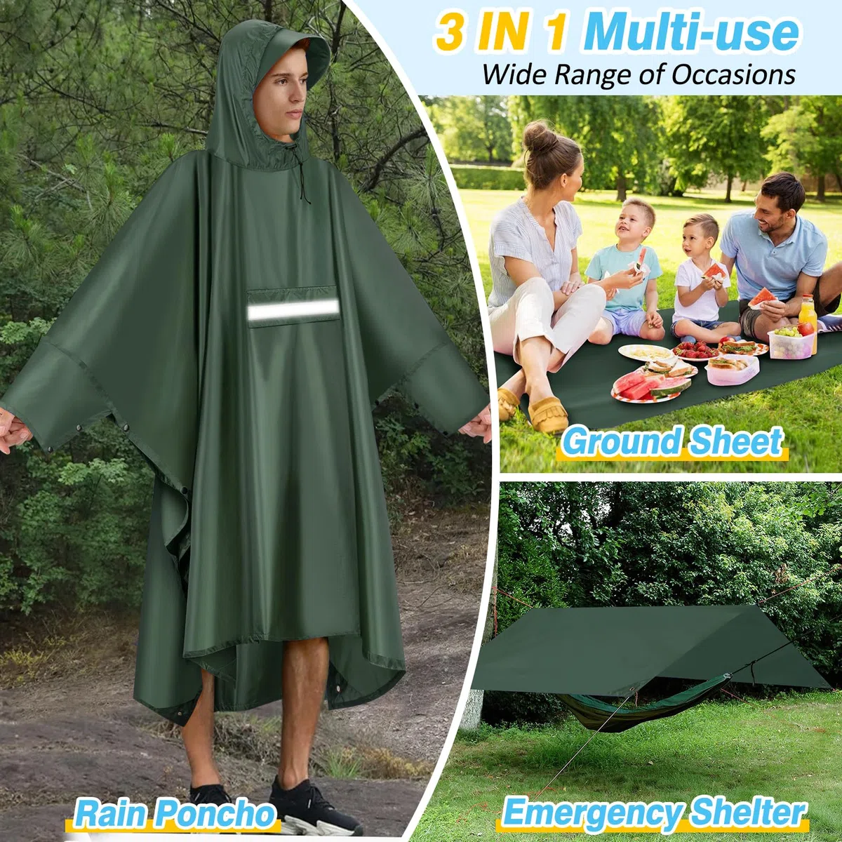Poncho Antipioggia Impermeabile Riutilizzabile con Cappuccio Maniche e Riflettore Poncho Impermeabile per Adulti unisex Portatile Poncho Pioggia per Uomo Donna Trekking Campeggio Pesca