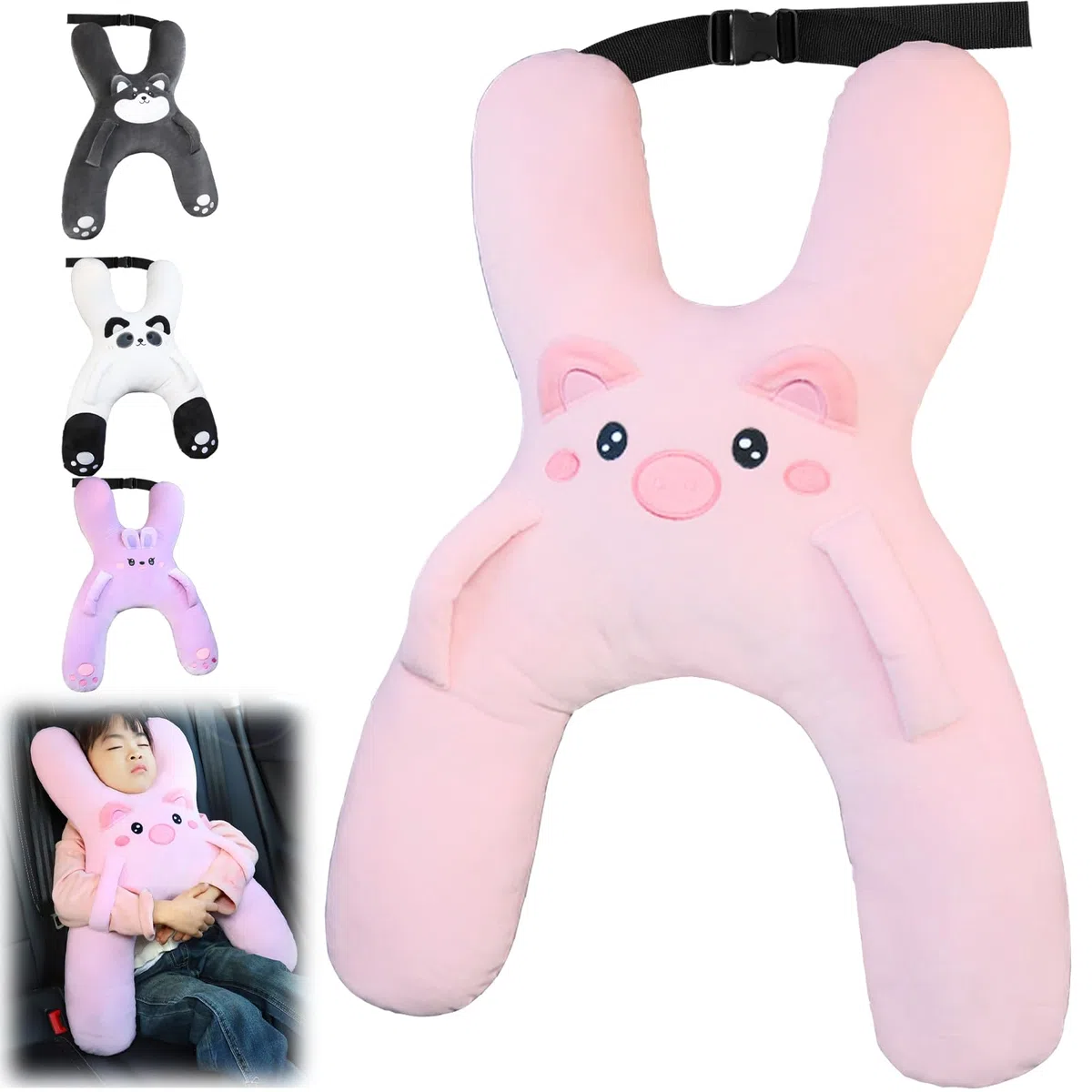 Cuscino a forma di H, per auto, bambini, per bambini, per il sonno, adatto per viaggi, auto, aereo, treno, semovente (rosa)