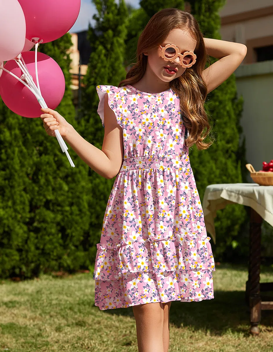 Arshiner Ragazze Abito Maniche Volanti Bambini Estivo Cotone Abito Festivo Elegante Senza Maniche Swing Abiti da Festa per Ragazza 5-14 Anni