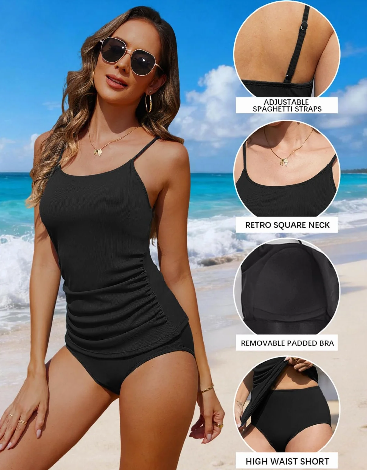 Yutdeng Tankini Donna Mare Curvy Costume da Bagno Due Pezzi Push Up Imbottito Vita Alta Bikini Mare Tankini Set con Controllo della Pancia Spalline Regolabili Swimwear a Costine Beachwear