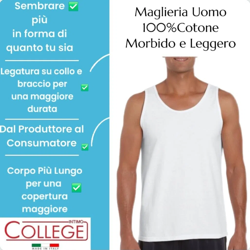 Intimo College 5/12 Canottiera Uomo, 100% Cotone, Traspiranti Made in Italy dal Produttore al consumatore Bianco e Nero Taglie: M - 4XL