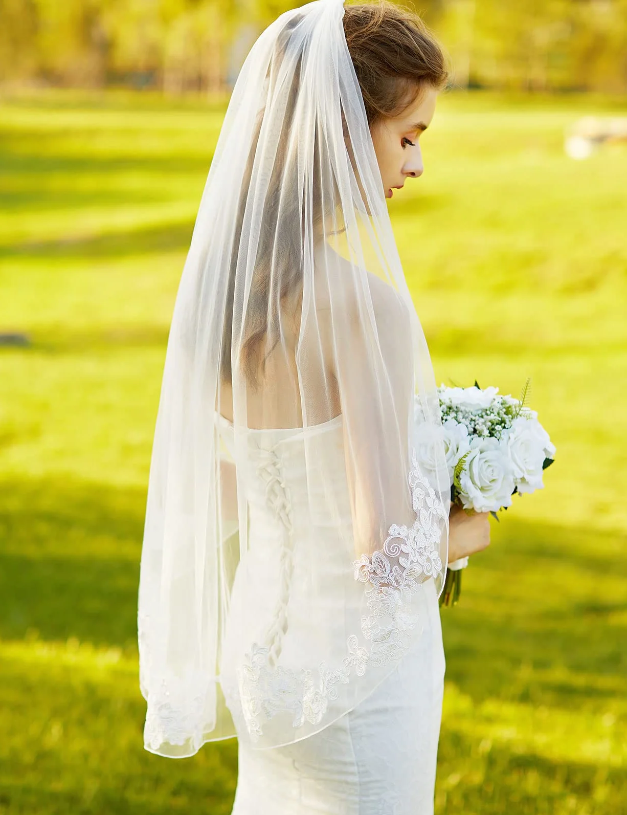 BEAUTELICATE Veli da Sposa in Pizzo Tulle a 1 Strati 102 cm di Lunghezza Bianco o Avorio Pettine di Metallo