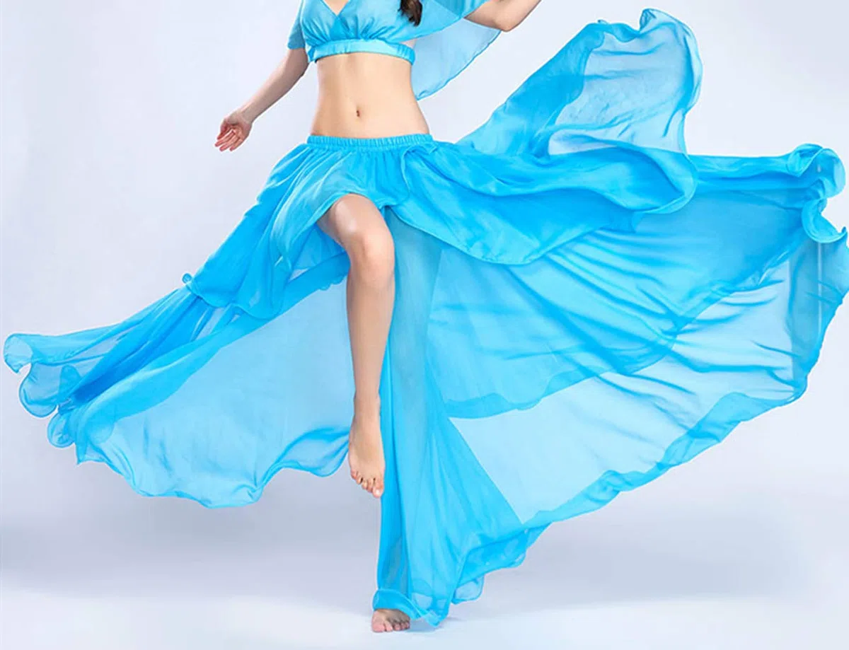 Baisdan Gonna lunga per danza del ventre, in chiffon, con spacco, costume per danza del ventre, blu cielo, Taglia unica