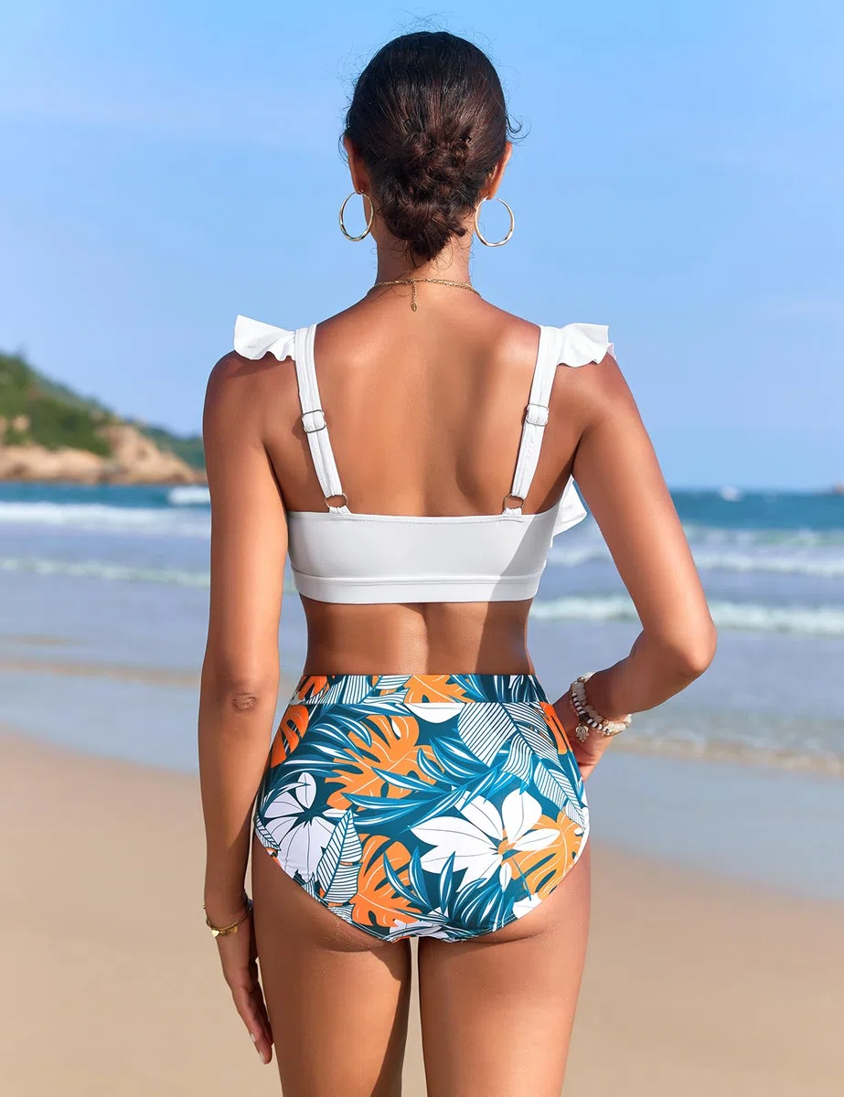 Costume Donna Due Pezzi Vita Alta Bikini Push-up con Scollo Quadrato Costumi da Bagno Piscina e da Spiaggia da Eleganti Dettagli con Volant