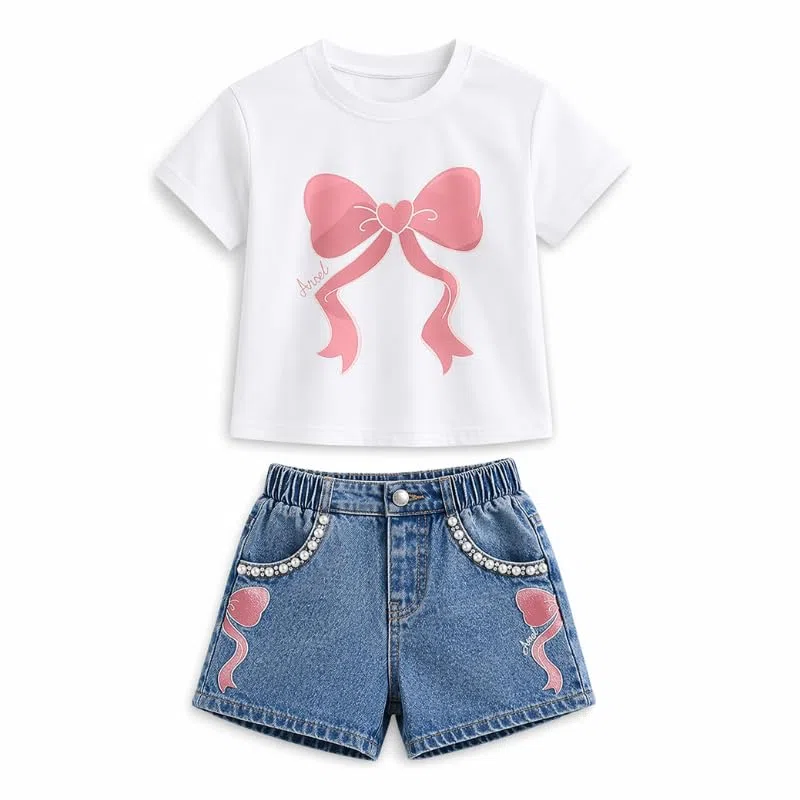 OrJana Completo Bambina 2 Pezzi con Unicorno, Maglietta con Volant e Jeans, Tema Unicorno e Arcobaleno
