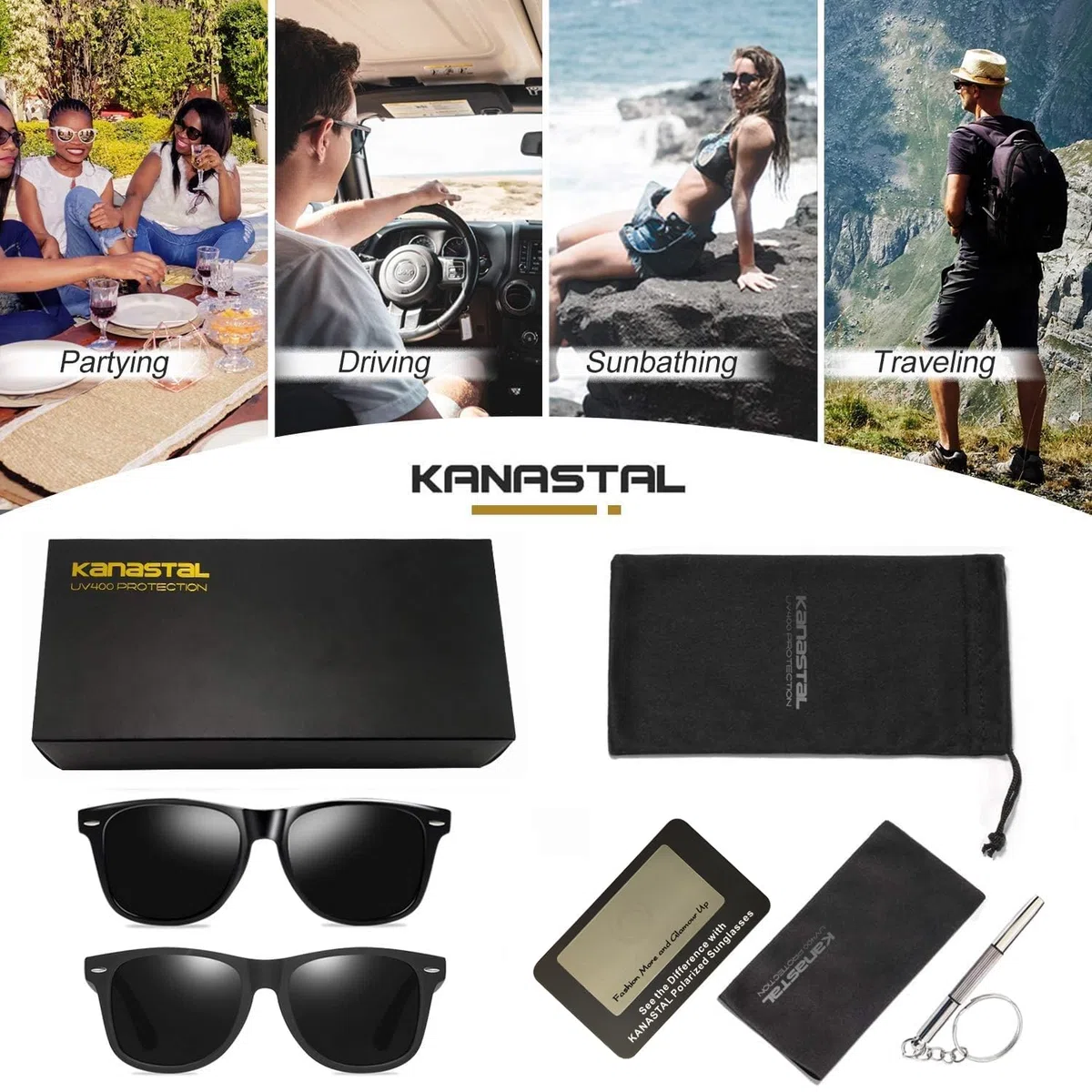 KANASTAL 2 Paia Occhiali da Sole Polarizzati Uomo Donna Due 2 Pezzi UV400 Quadrati Classici Retrò Vintage Poarized Sunglasses per Spiaggia Viaggio Guida Pesca