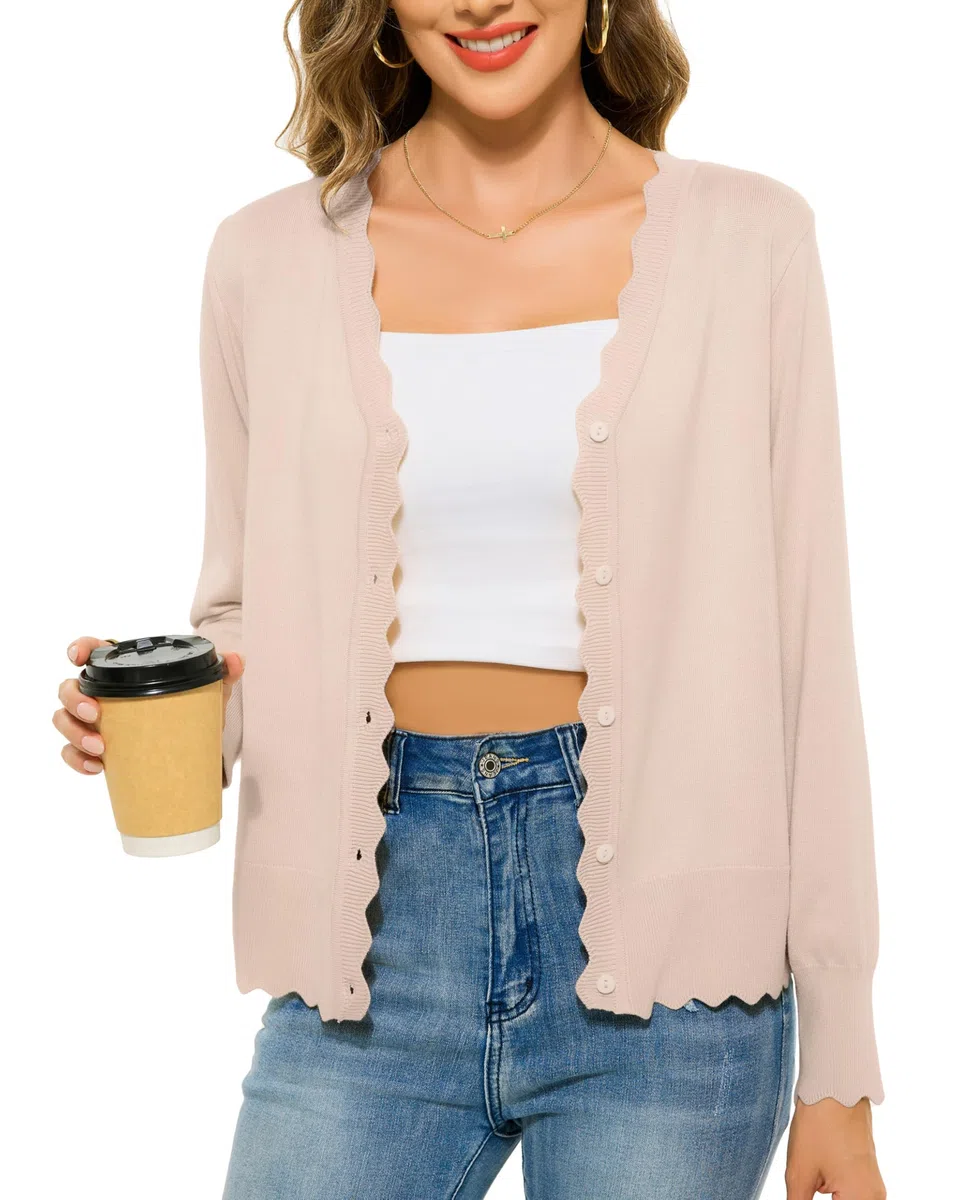 Lovasy Cardigan con Bottoni Donna Corto Giacca in Maglia Elegante Curvy a Maniche Lunghe Golfino con Scollo a V Aperto Davanti Cardigan Leggero ed Traspirante