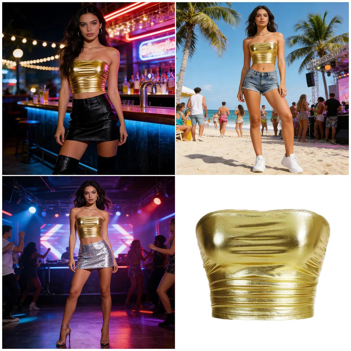 Top a tubo metallico da donna elasticizzato senza maniche crop top brilla top a fascia per Halloween raves party clubwear senza spalline Crop Top per le donne