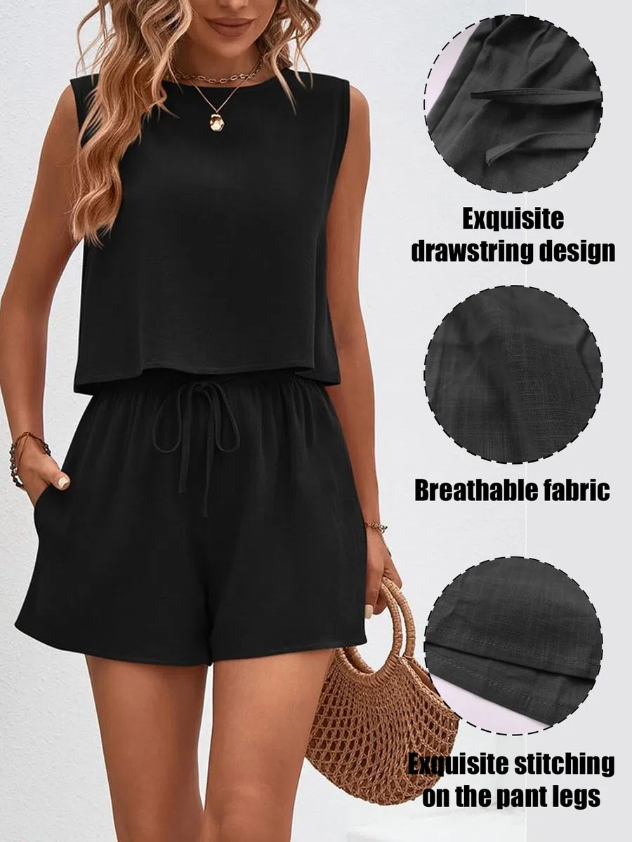 Tuta Estiva Due Pezzi Senza Maniche da Donna Tuta Sportiva Estiva di Moda Femminile Completo Casual Estivo Top Senza Maniche e Pantaloncini a Vita Alta con Tasche
