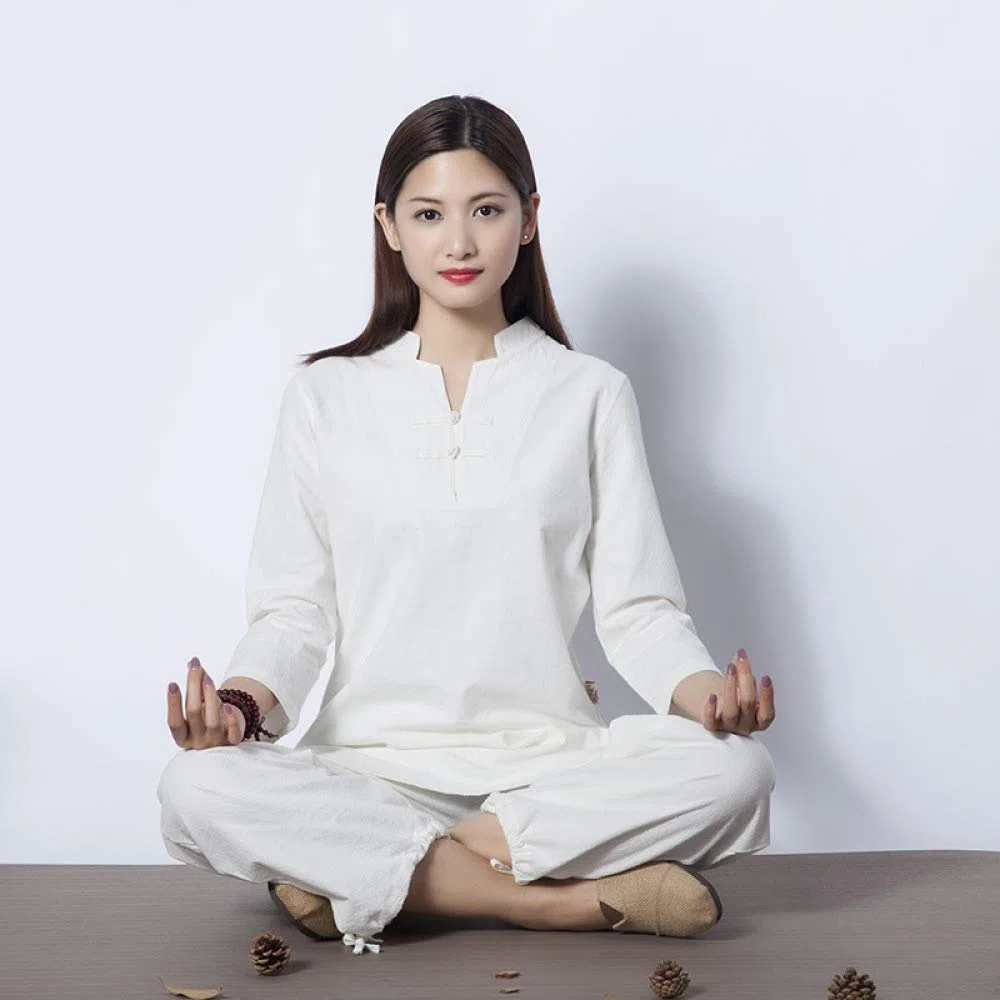 XPF Tuta da Yoga Etnica in Cotone E Lino Zen Tuta Estiva da Meditazione Salute Abbigliamento Tai Chi Tuta da tè Femminile retrò,White-L