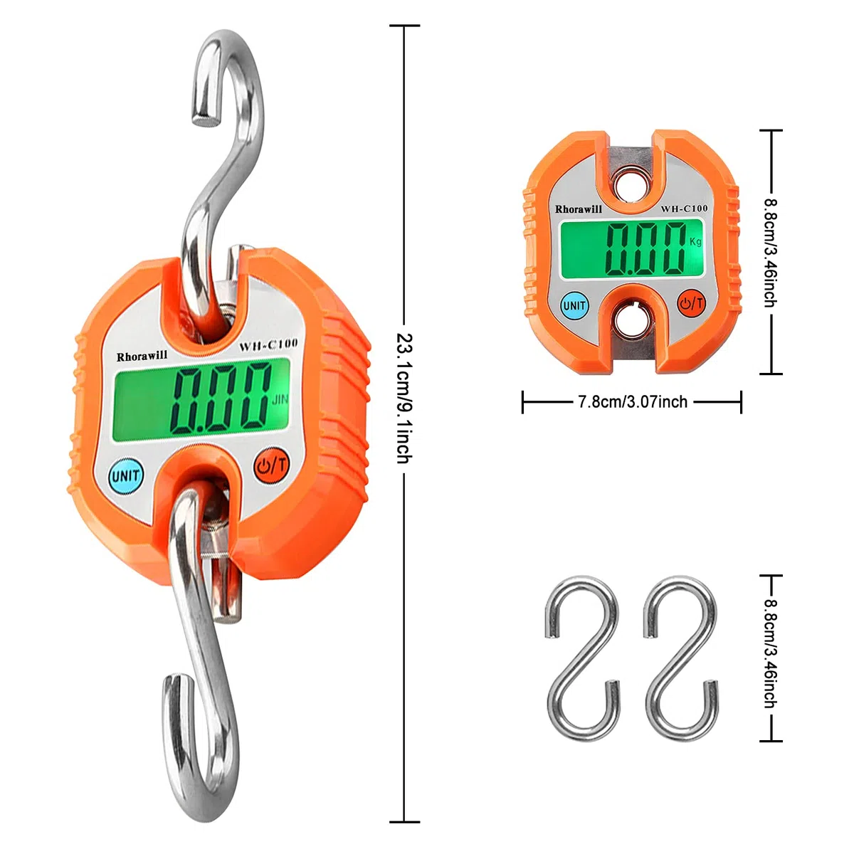 Rhorawill Digitale Bilancia a Gancio Bilancia Valigia 150KG Bilancia Pesa Valigie con Gancio Bilancia Portatile a Sospensione con Display LCD per Viaggio, Pesca, Caccia All'aperto (Arancione)