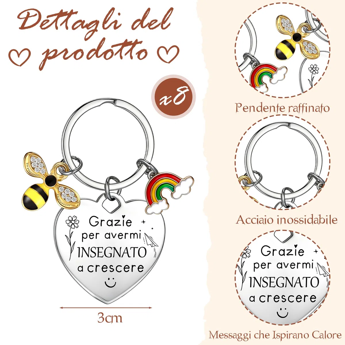 8 Sets Regali di Ringraziamento per Insegnanti 8 Portachiavi Api Arcobaleni in Metallo 8 Buste di Fiori Secchi con Biglietti di Auguri per Maestra Laurea Scuola Addio Giorno degli Insegnanti