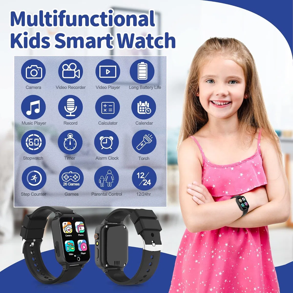 Smartwatch per Bambini - 26 Giochi, Contapassi, Calorico, Fotocamera, Musicale, Torcia, Sveglia, Giocattoli Educativi, Regalo di Compleanno [Scheda SD integrata]