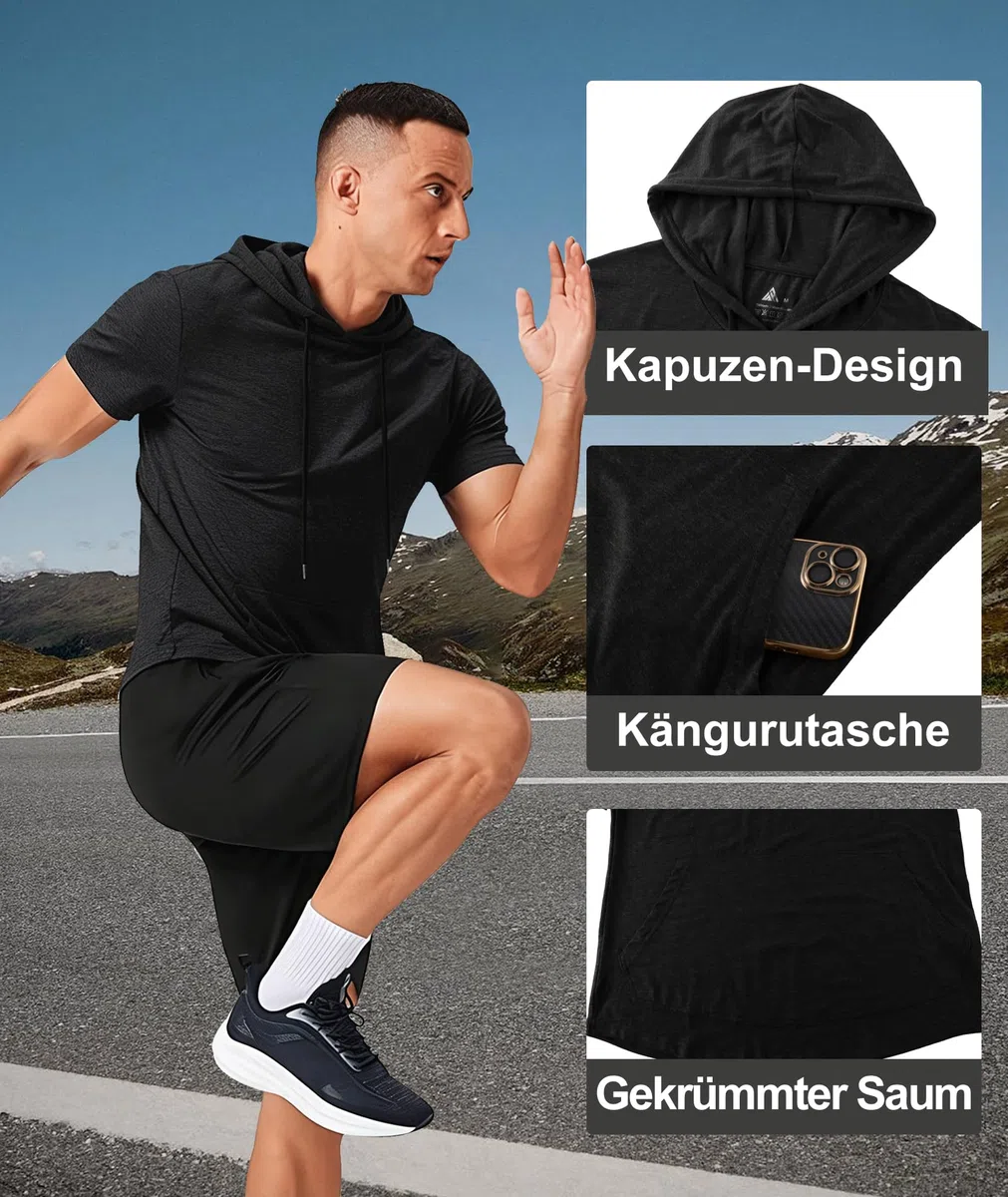 ZITY T-Shirt Sportiva Uomo con Cappuccio Maniche Corte Traspirante Palestra Corsa Estate M-3XL