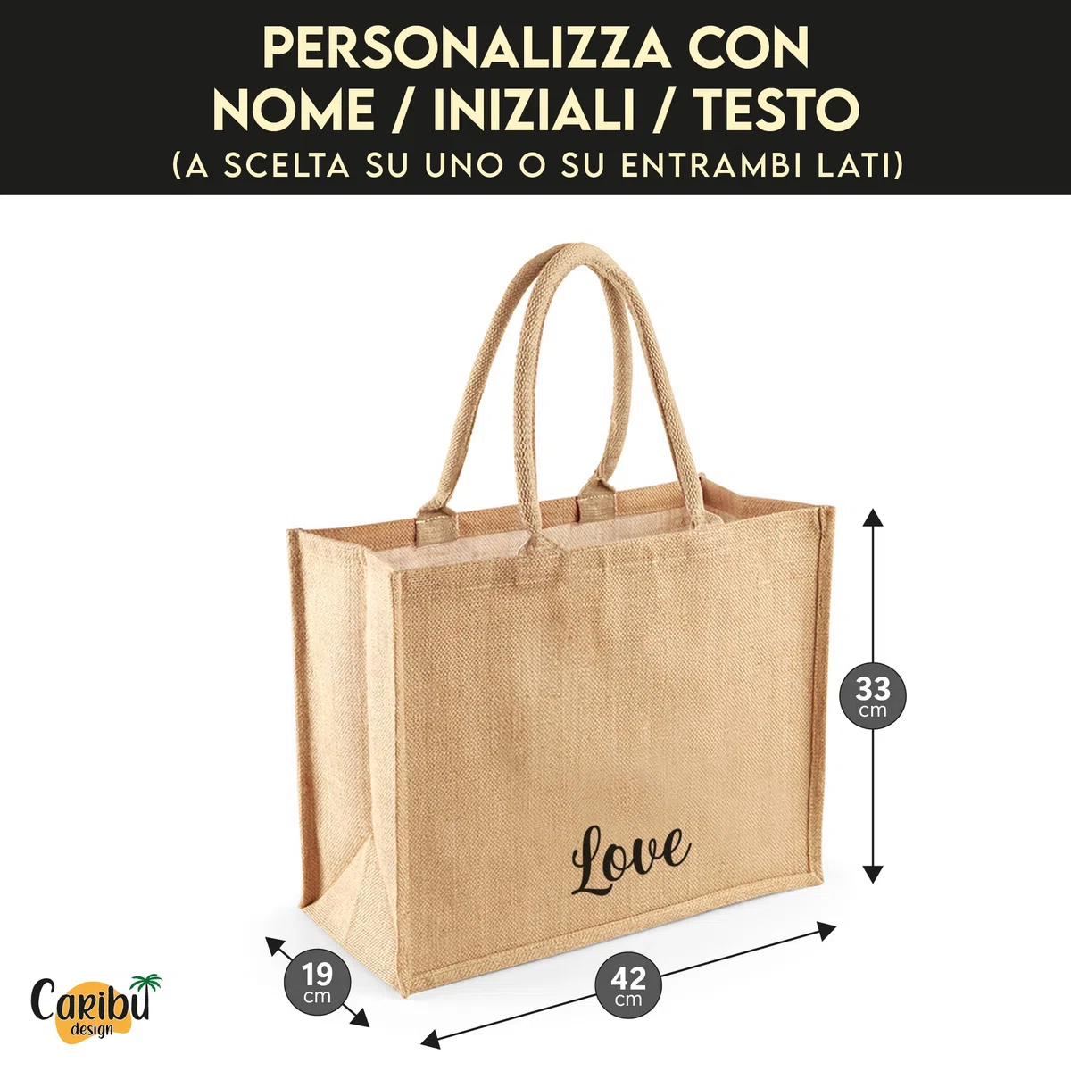 Borsa in Juta Personalizzabile con Iniziali o Nome Tote Bag Donna Grande 42x33x19 cm Estiva per Spiaggia Mare Personalizzata