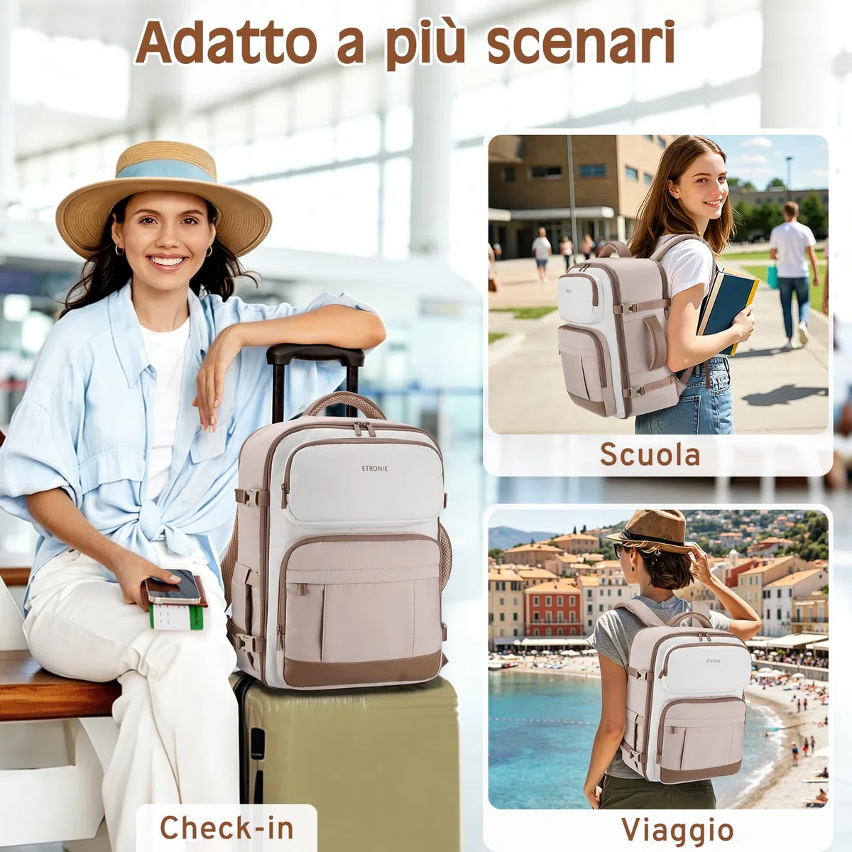 ETRONIK Zaino Ryanair 40x30x20, 24L Zaino Da Viaggio Con Numerose Tasche, Zaino PC Impermeabile Per 15 PC Portatile Con Tasca Umida, Bagaglio A Mano 40X30X20 Per Easyjet ITA Airways & Volotea
