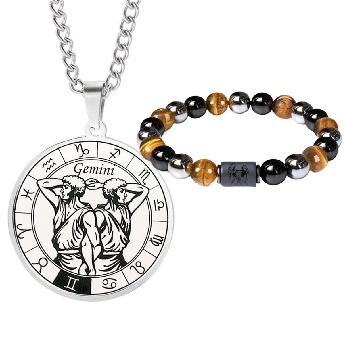 Set da uomo con segno zodiacale, collana e bracciale a costellazione in acciaio inox, braccialetto elastico di perle, regalo di compleanno