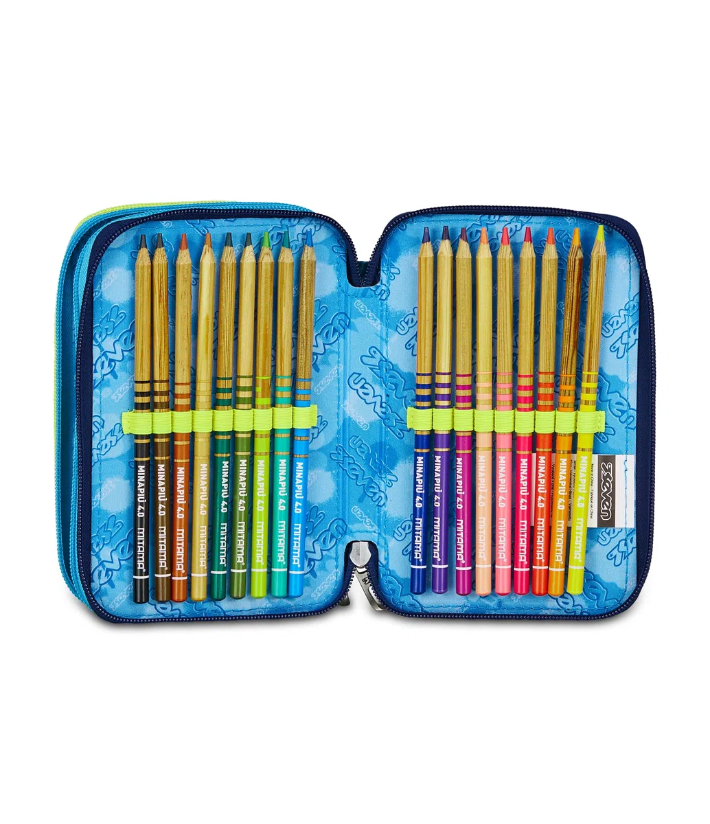 Seven Astuccio Scuola Elementare, 3 scomparti, Medie, con Matite, Pennarelli, Penne, 3 Zip, Nuanced Blue, Bambino, Ragazzo, giallo/blu