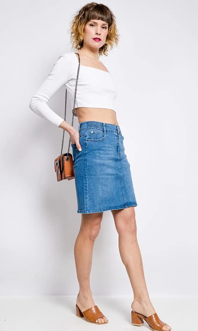 Van Der Rich ® - Gonna di Jeans al Ginocchio con Elastico in Vita - Donna