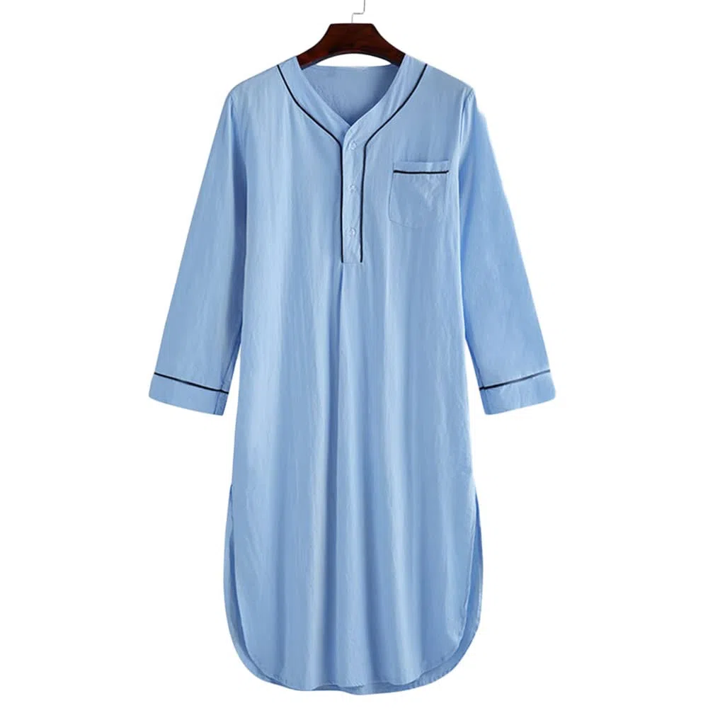 Camicia da notte da uomo in cotone a maniche lunghe, con bottoni e scollo a V, abbigliamento da notte