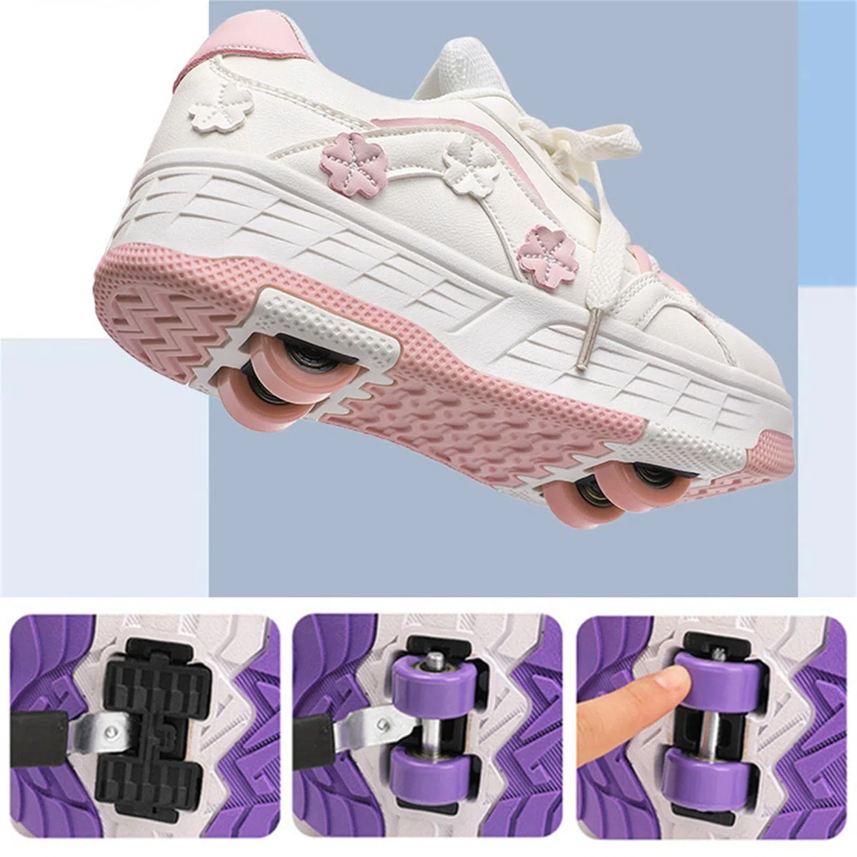 Mateju Scarpe con Rotelle Bambina Ragazza Sportive Scarpe da Skateboard, Margherite 4 Rotelle Rimovibile Skateboard Ginnastica da Pattini Sneakers per Bambino, 30-40 EU