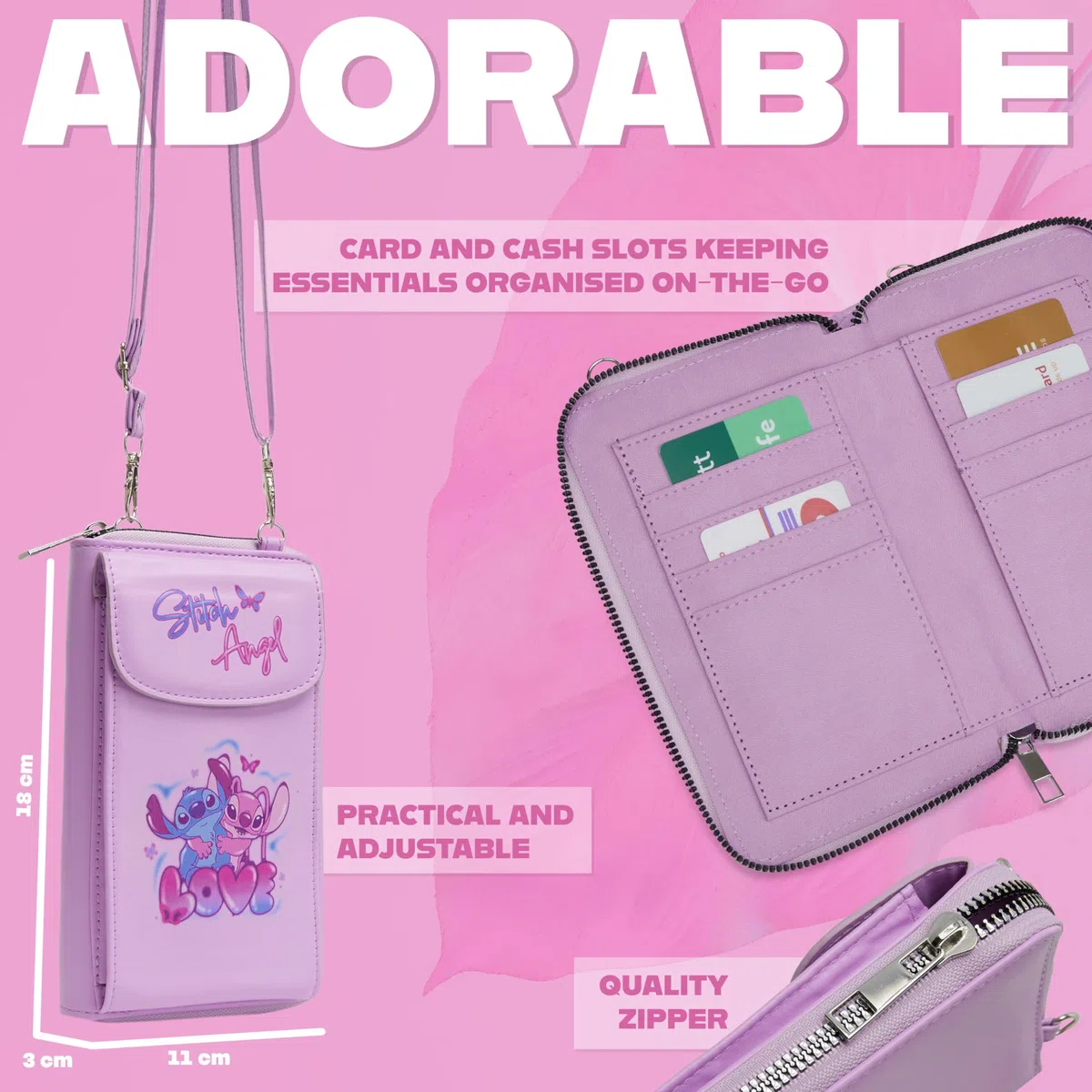 Disney Borsa Tracolla Stitch - Borsetta Porta Cellulare Portafoglio Tracolla Regolabile Chiusura Zip