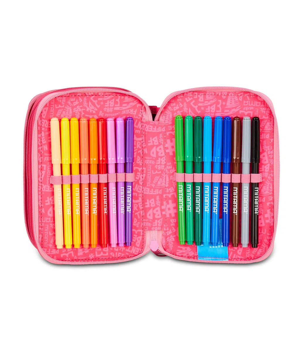 Mitama Astuccio Scuola 3 Scomparti, TRIPLO FURRYPINK, Contenuto 47 pz, Completo di Matite, Pennarelli, Portapenne Scuola Elementare Bambina