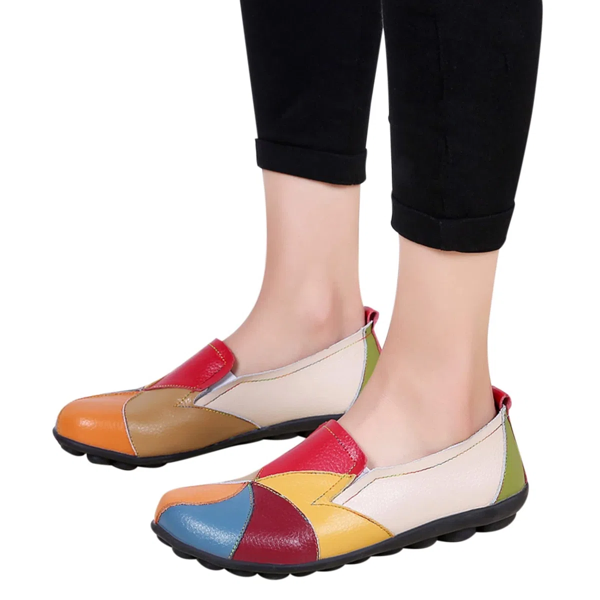 Scarpe basse da donna Loafers con patchwork colorato chiuso punta tonda scarpe basse antiscivolo slip-on in pelle mocassini suola in gomma morbida sandali casual scarpe da barca