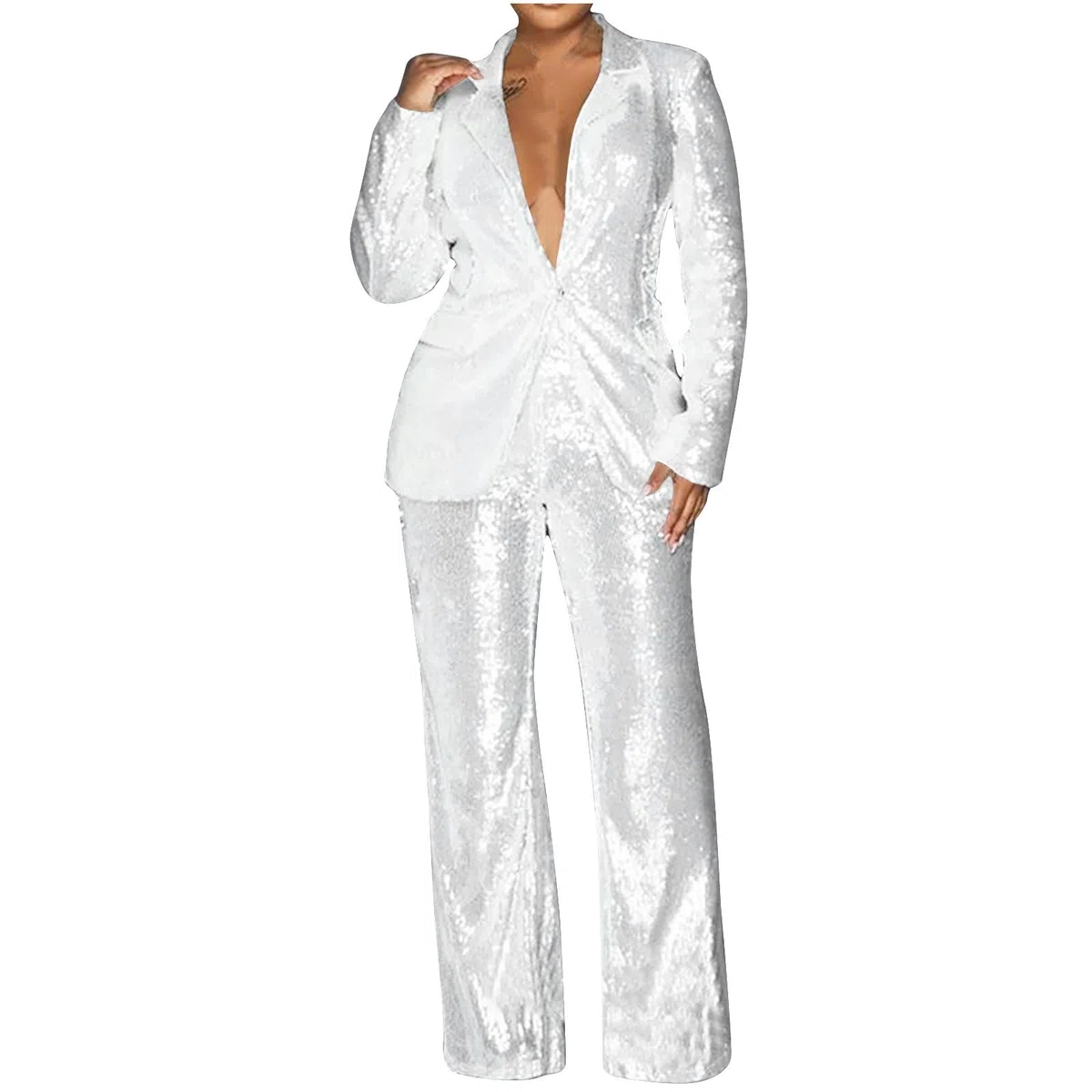 KHIRVWL Offerte Lampo del Giorno Tailleur Donna Elegante Cappotto Ufficio Business Blazer Top Corto Giacca da Abito Completo da Donna con Pantaloni a Maniche Lunghe in Tinta Unita con Paillettes