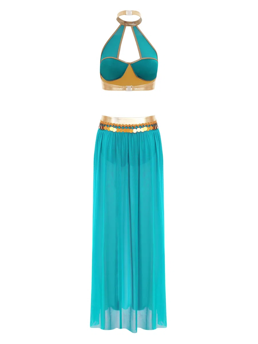 TiaoBug Costume Danza del Ventre Donna Vestito Danzatrice del Ventre Ballo Indiano Arabo Abito da Ballo Lirico Contemporaneo Crop Top Gonna Lunga Costume Carnevale Halloween