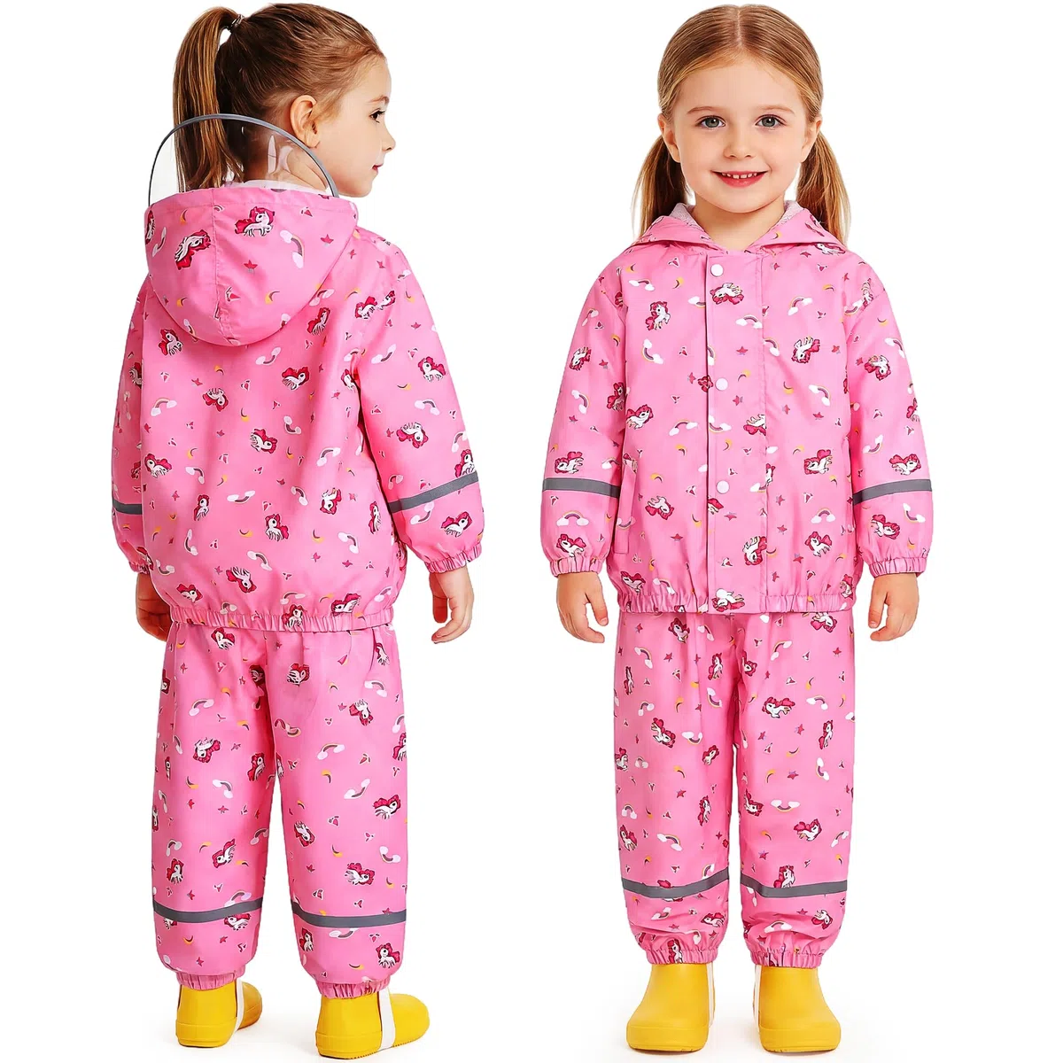 JinBei Tuta Impermeabile Bambino Leggero Tuta Pioggia Bambina con Cappuccio Traspirante Pantaloni e Giacca Antipioggia Impermeabili Spezzata con Strisce Riflettenti per Matsch Outdoor 1-7 Anni