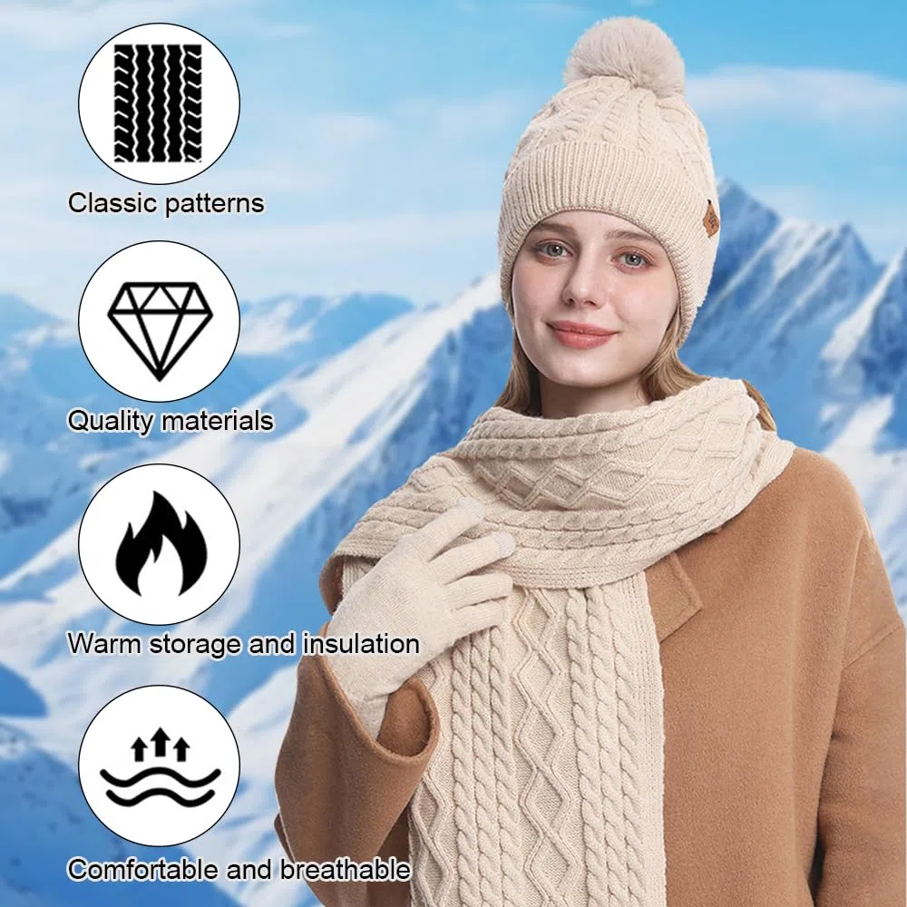 Oneshlee Berretto invernale con touch screen e sciarpa lunga per donna, berretto lavorato a maglia da donna, con palla di peluche, caldo berretto invernale, guanti a maglia, sciarpa, berretto 3 in 1,